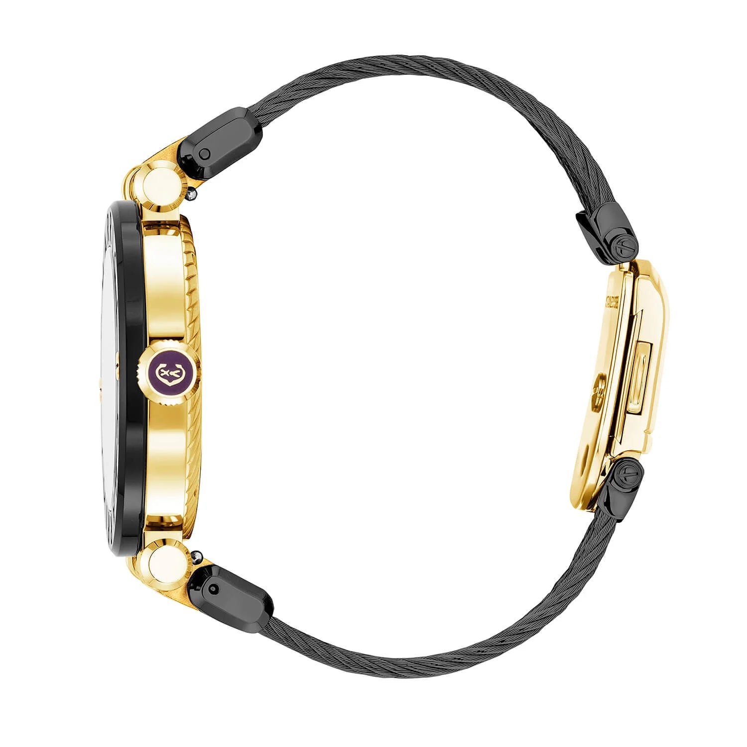 NAVIGATOR CRUISE, 41MM, QUARTZ CALIBRE, BLACK WITH 2 YELLOW ARABIC AND 9 INDEX, STEEL BLACK PVD "CHARRIOL CHARRIOL" WITH 2 SCREWS BEZEL, STEEL BLACK PVD INTERCHANGEABLE CABLE BRACELET WITH YELLOW GOLD ATTACHED - © 2024 Charriol - Watch