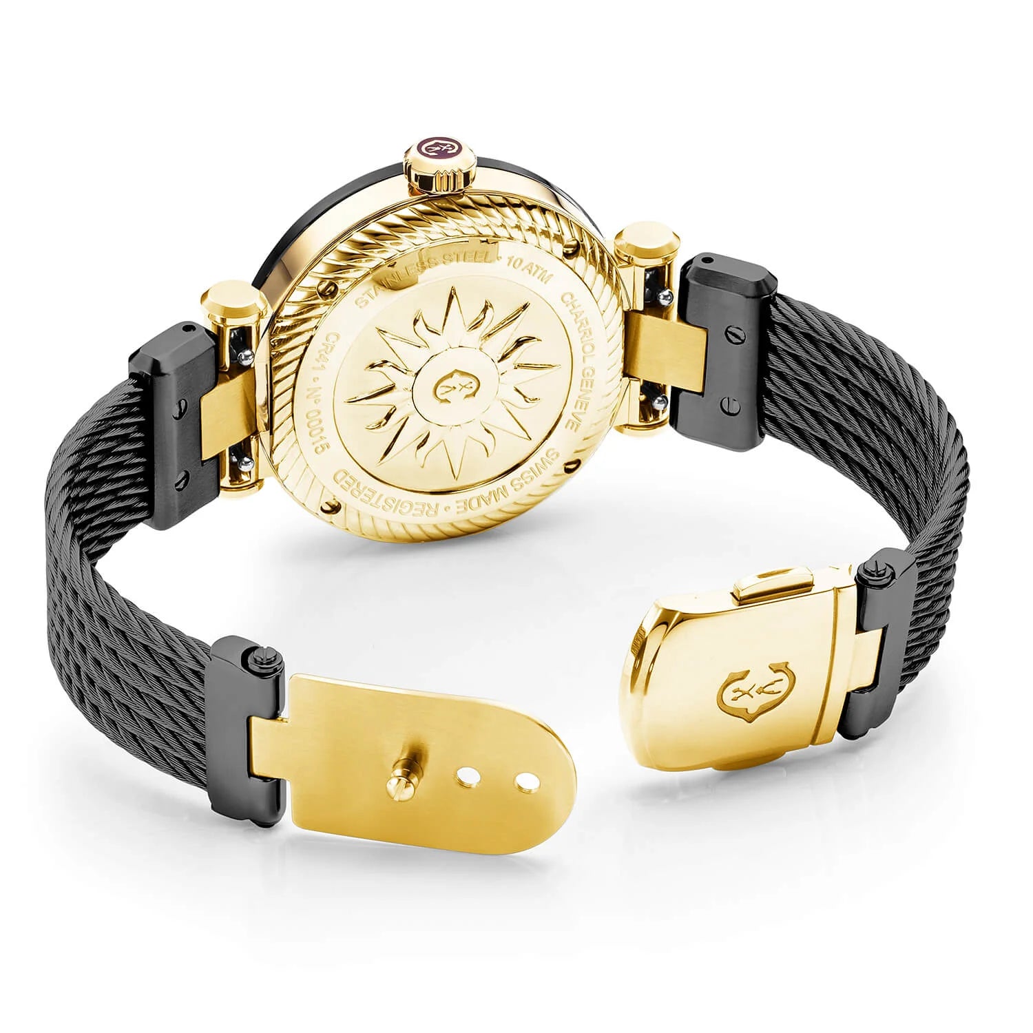 NAVIGATOR CRUISE, 41MM, QUARTZ CALIBRE, BLACK WITH 2 YELLOW ARABIC AND 9 INDEX, STEEL BLACK PVD "CHARRIOL CHARRIOL" WITH 2 SCREWS BEZEL, STEEL BLACK PVD INTERCHANGEABLE CABLE BRACELET WITH YELLOW GOLD ATTACHED - © 2024 Charriol - Watch