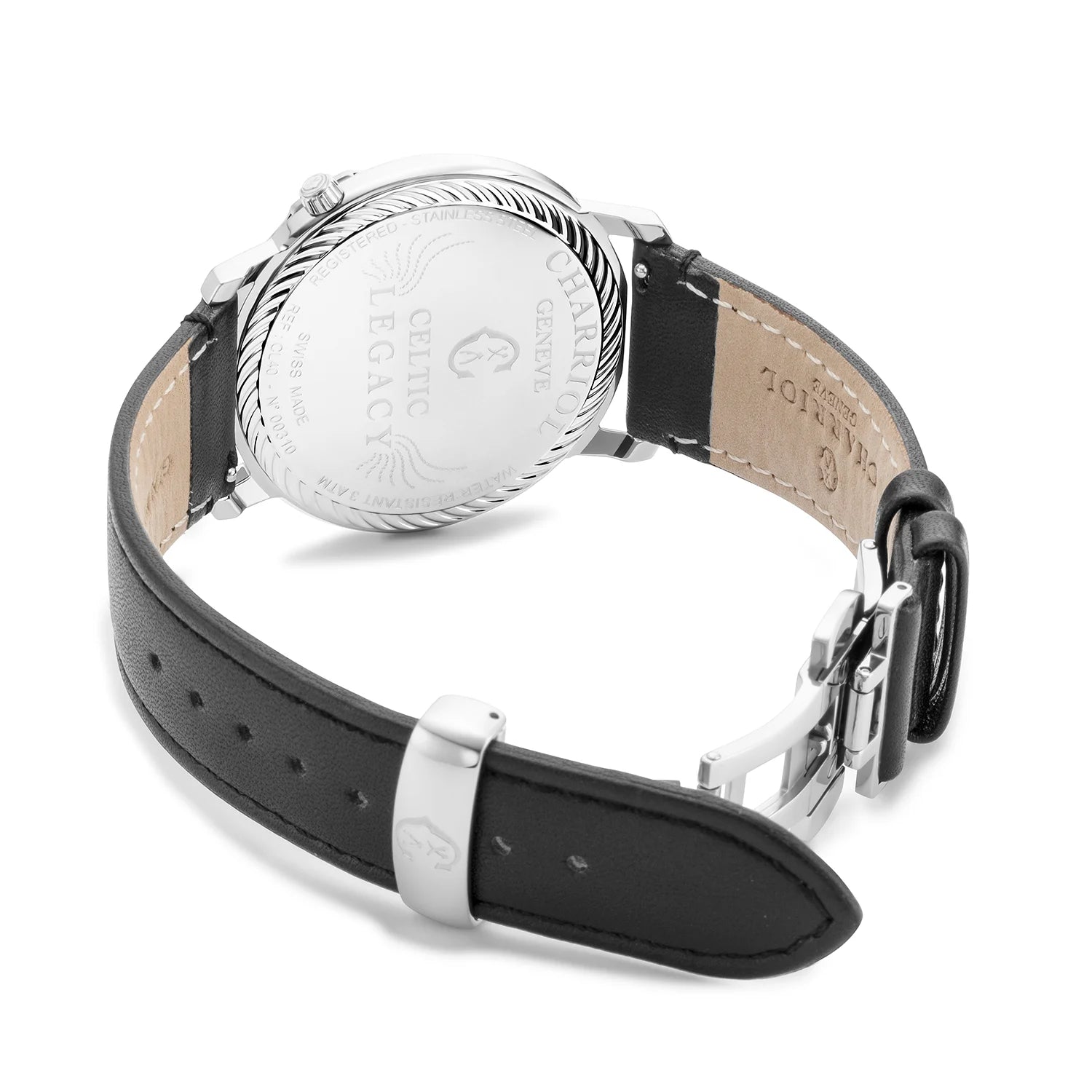 CELTIC® LEGACY, 40MM, QUARTZ CALIBRE, STEEL BEZEL, WHITE WITH ROMAN NUMERALS DIAL, BLACK GENUINE LEATHER BRACELET - BLACK FRIDAY - ©2024 Philippe Charriol International Ltd. - Watch