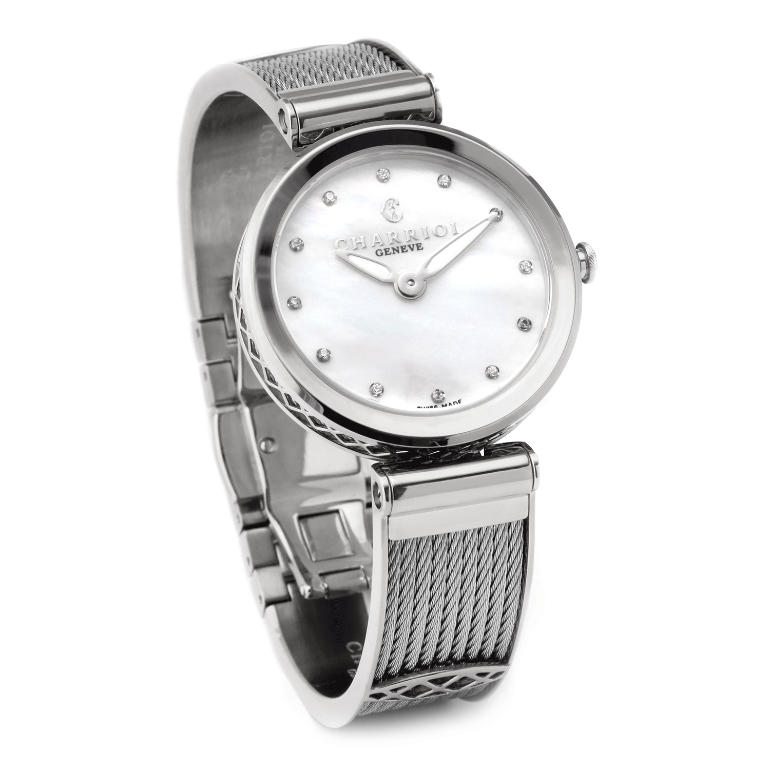 FOREVER32mm、クォーツキャリバー、ホワイトマザー・オブ・パール、12シミリスダイヤル、スティール製ベゼル、スティール製ケーブルブレスレット - © 2024Charriol - 時計