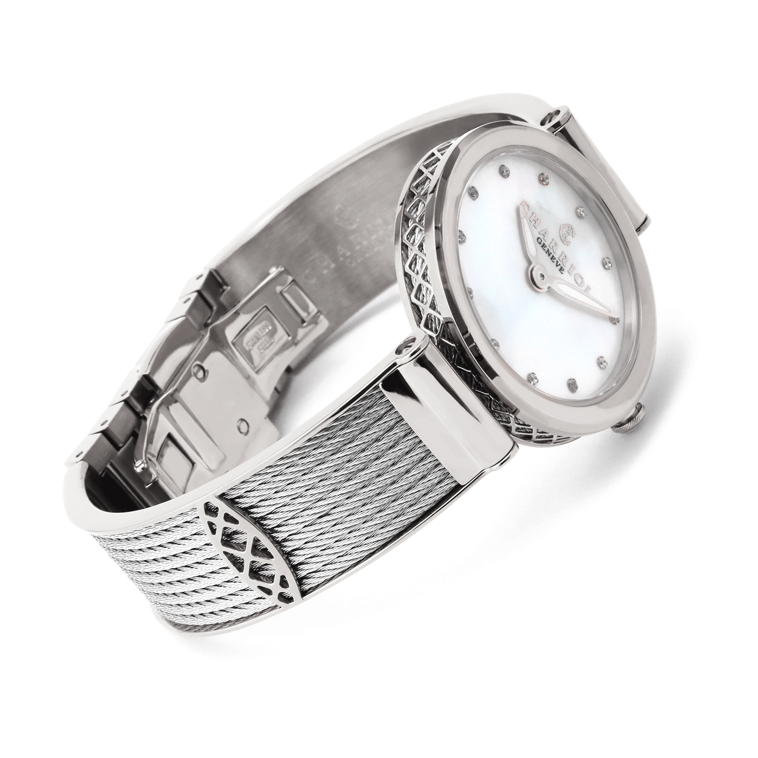 FOREVER32mm、クォーツキャリバー、ホワイトマザー・オブ・パール、12シミリスダイヤル、スティール製ベゼル、スティール製ケーブルブレスレット - © 2024Charriol - 時計