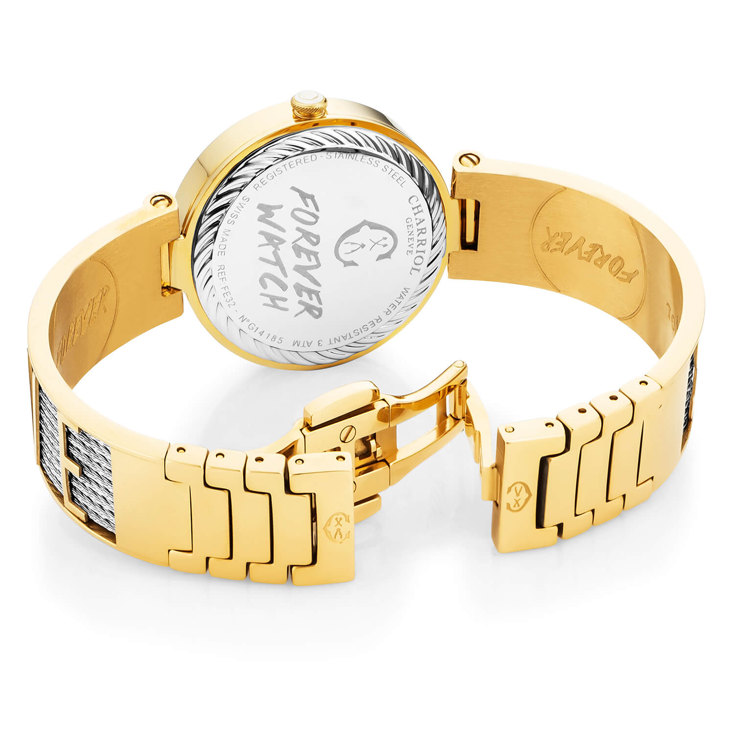 FOREVER YOURS, 32MM, クォーツキャリバー、マザーオブパール、12個のダイヤモンドをあしらった文字盤、イエローゴールドPVDベゼル、スティール製ケーブルブレスレット -Charriol ジュネーブ - 時計