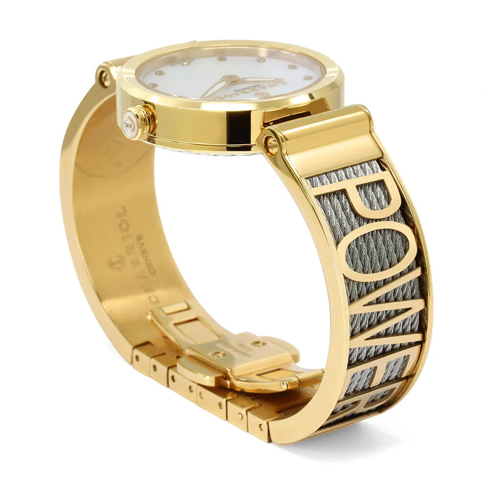 FOREVER YOURS, 32MM, クォーツキャリバー、マザーオブパール、12個のダイヤモンドをあしらった文字盤、イエローゴールドPVDベゼル、スティール製ケーブルブレスレット -Charriol ジュネーブ - 時計