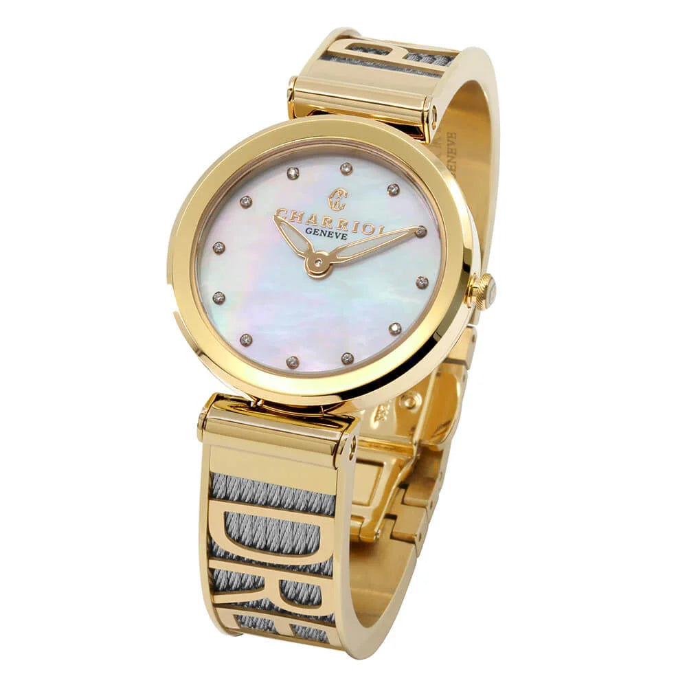 FOREVER YOURS, 32MM, クォーツキャリバー、マザーオブパール、12個のダイヤモンドをあしらった文字盤、イエローゴールドPVDベゼル、スティール製ケーブルブレスレット -Charriol ジュネーブ - 時計