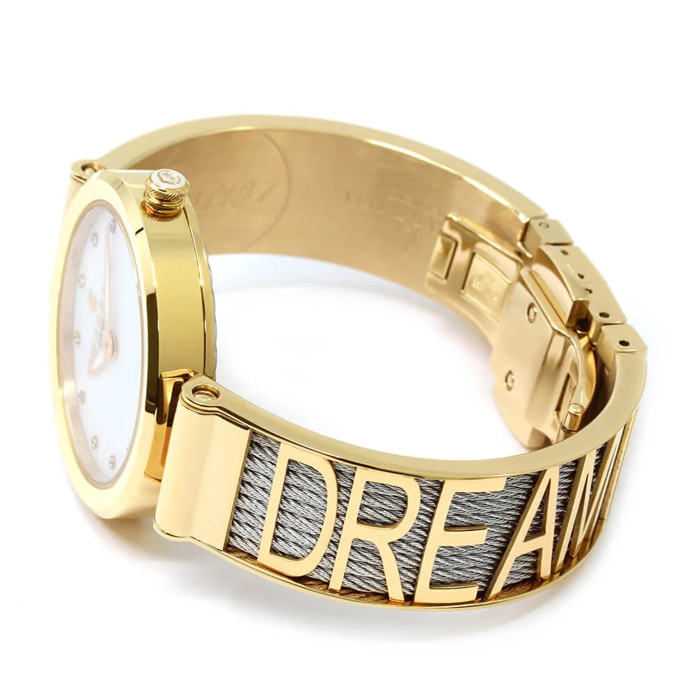 FOREVER YOURS, 32MM, クォーツキャリバー、マザーオブパール、12個のダイヤモンドをあしらった文字盤、イエローゴールドPVDベゼル、スティール製ケーブルブレスレット -Charriol ジュネーブ - 時計