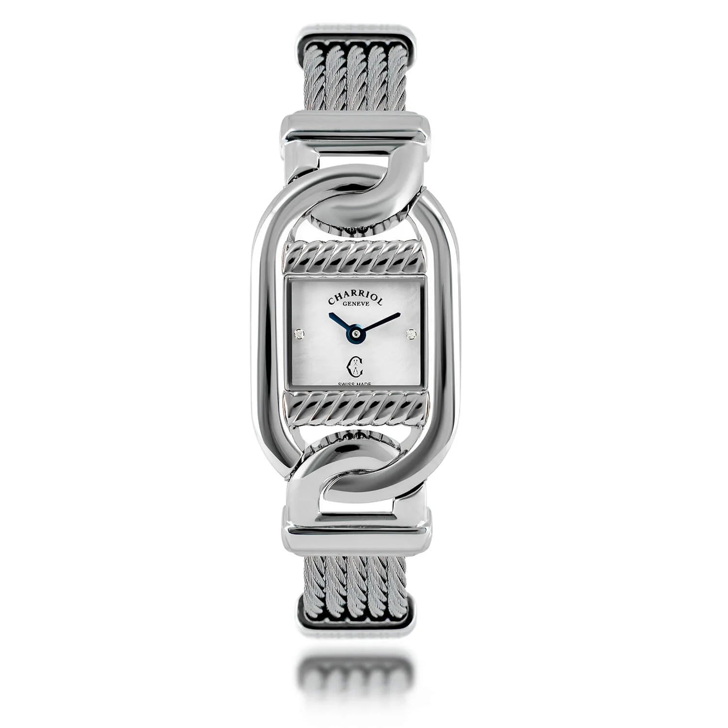 MARINER, 20MM, QUARTZ CALIBRE, STEEL CASE, WHITE MOTHER-OF-PEARL WITH 2 DIAMONDS DIAL, STEEL CABLE BRACELET - ©2025 Philippe Charriol International Ltd. - Watch