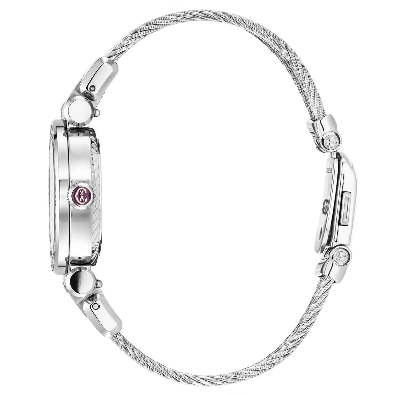 NAVIGATOR CRUISE、28mm、ムーンフェイズ クォーツカレンバー、12個のダイヤモンドをあしらったアベンチュリンダイアル、30個のダイヤモンドをあしらったスティール製ベゼル、スティール製インターチェンジャブルケーブルブレスレット - © 2024Charriol - 時計