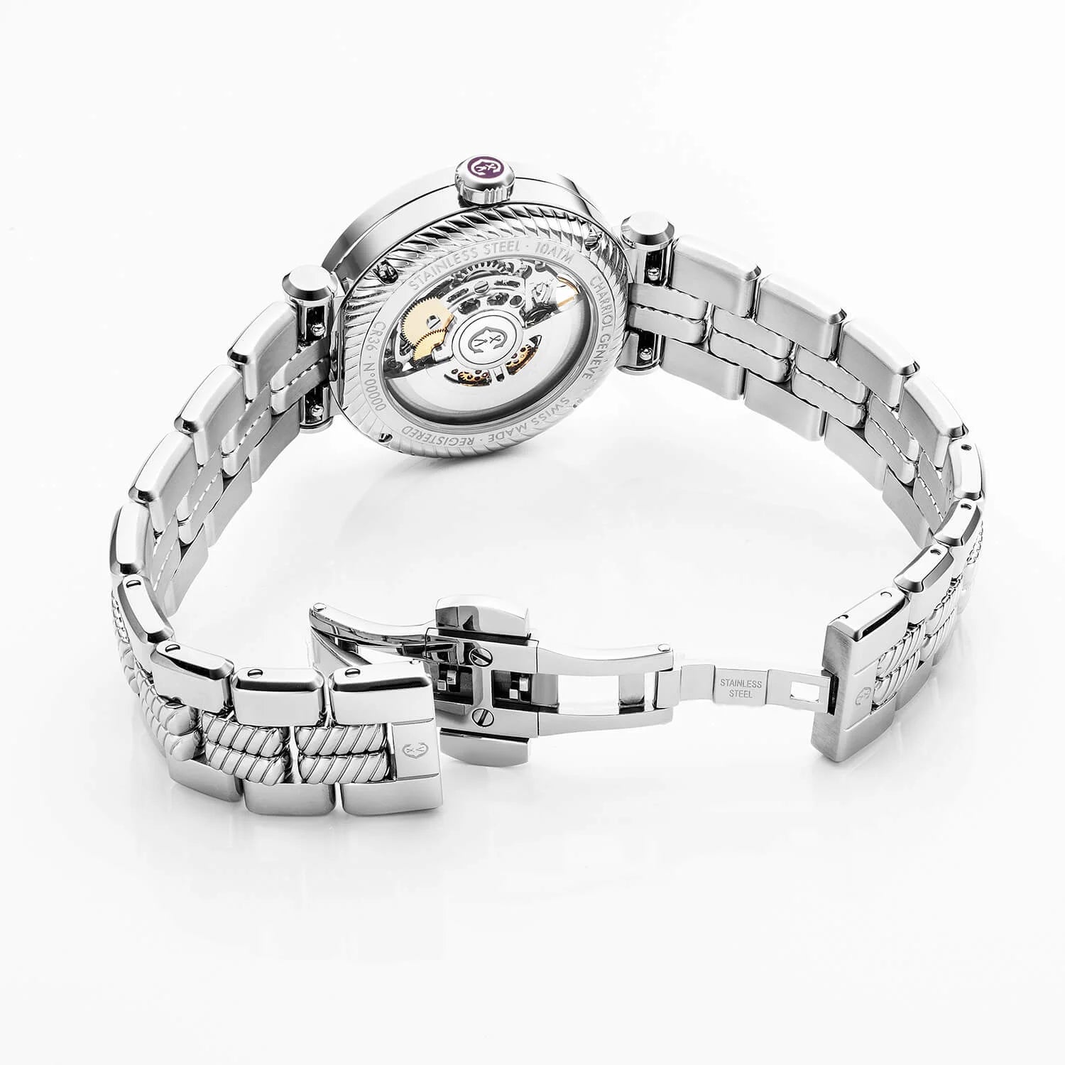 NAVIGATOR CRUISE、36MM、CHARRIOL SKELETON オートマティック キャリバー、12個のダイヤモンドを配したクリスタル インデックス インナーリング ダイアル、30個のフルカットダイヤモンドと6個のダイヤモンドを配したスティール製、メタル製インターチェンジャブル ブレスレット - © 2024Charriol - 時計