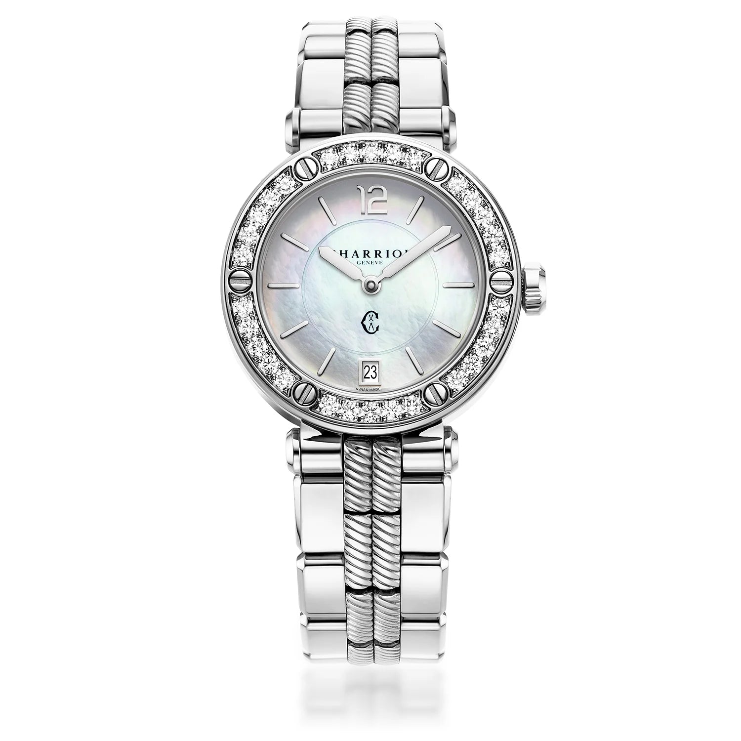 NAVIGATOR CRUISE36mm、クォーツキャリバー、マザーオブパール製ダイアル、30個のダイヤモンドベゼル、スティール製インターチェンジャー付きブレスレット -Charriol ジュネーブ - 時計