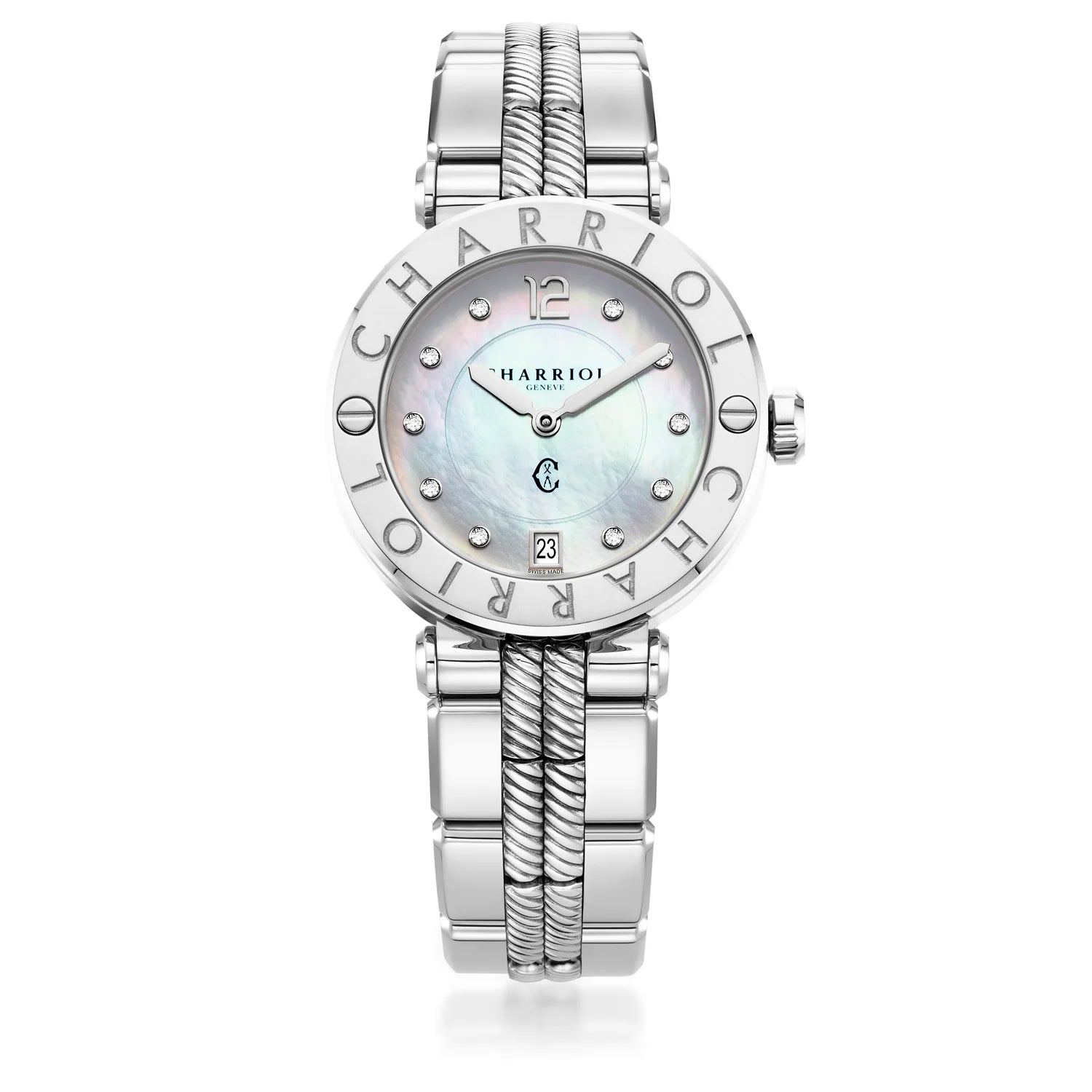 NAVIGATOR CRUISE36mm、クォーツ キャリバー、マザーオブパール 10 ダイヤモンドルダイヤル、"CHARRIOL CHARRIOL " ベゼル、スティール製インターチェンジャー付きブレスレット -Charriol ジュネーブ - 時計