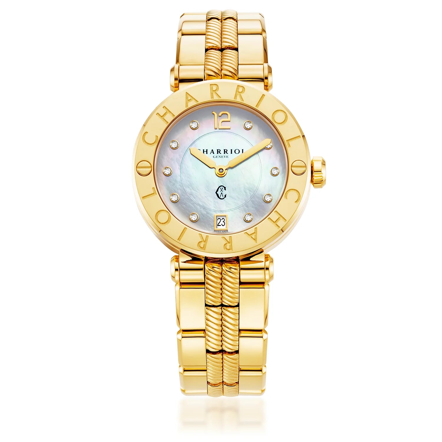 NAVIGATOR CRUISE36mm、クォーツ キャリバー、マザーオブパール 10 ダイヤモンダイヤル、"CHARRIOL CHARRIOL " ベゼル、スティール・イエローゴールド PVD インターチェンジャーブレスレット -Charriol ジュネーブ - 時計
