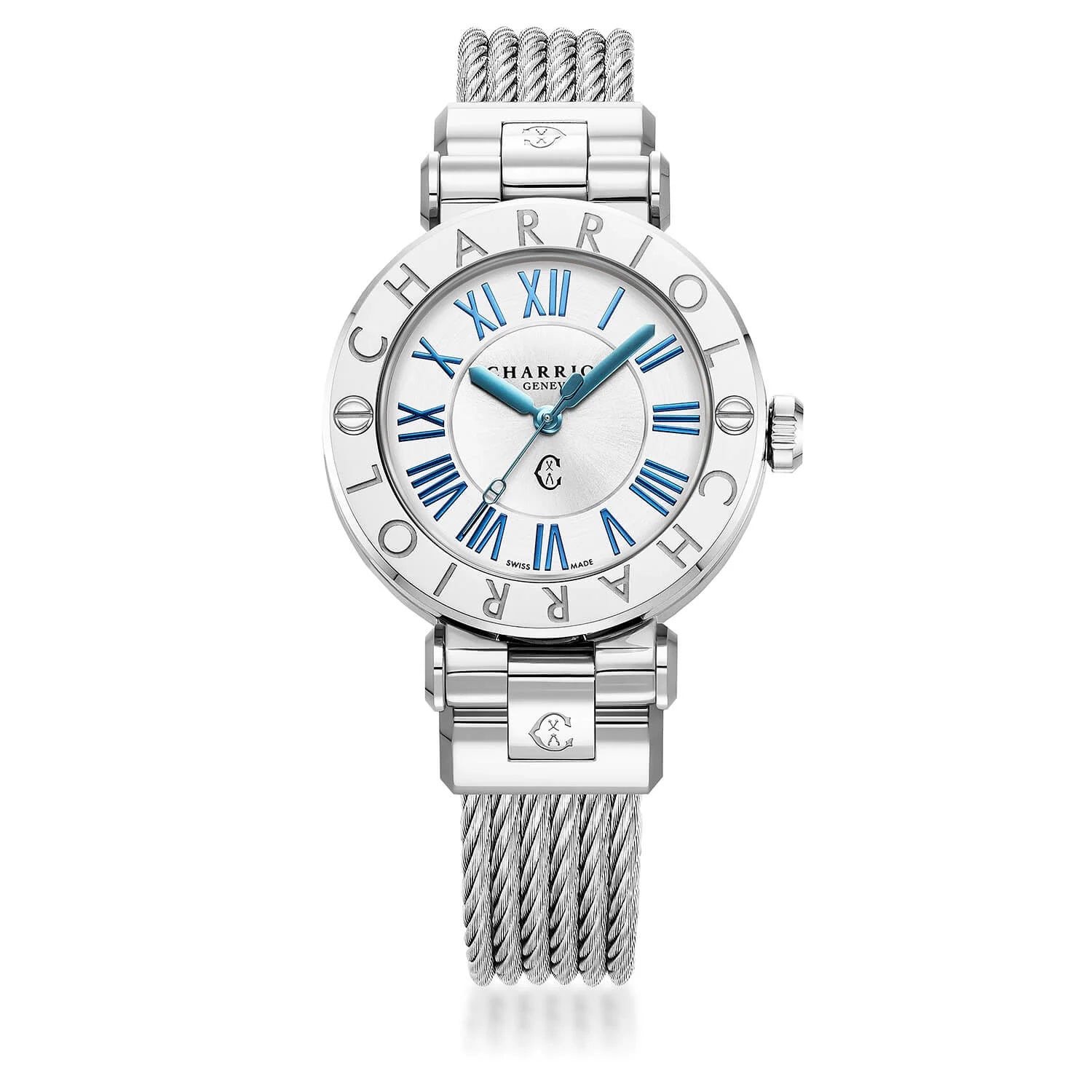 NAVIGATOR CRUISE、36mm、クォーツキャリバー、ホワイトサークル&サンセンター、12ローマ数字ダイアル、スティール製CHARRIOL CHARRIOL」ベゼル、スティール製インターチェンジャブル・ケーブル・ブレスレット - © 2024Charriol - 時計