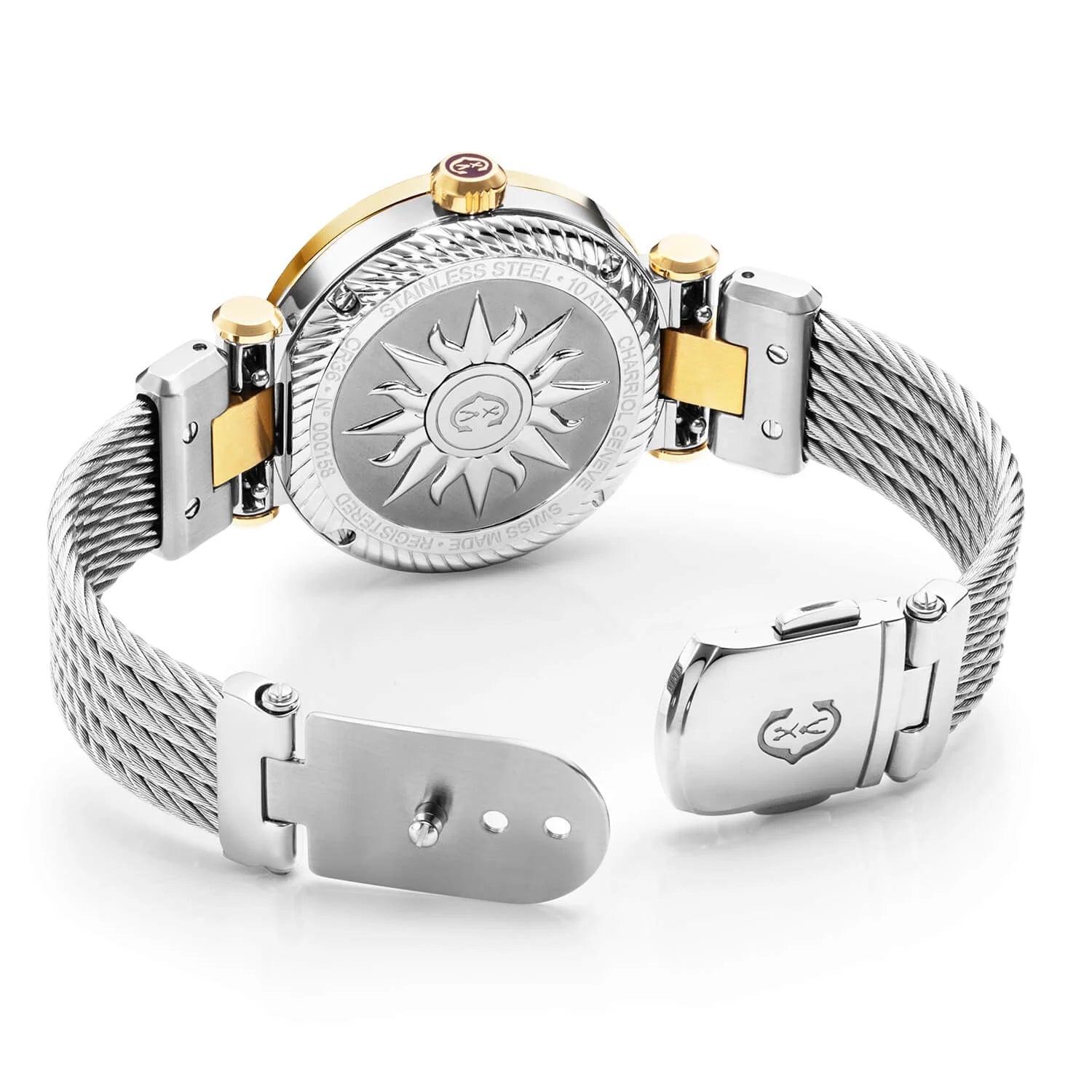 NAVIGATOR CRUISE, 36MM, QUARTZ CALIBRE, WHITE MOTHER-OF-PEARL WITH 12 ROMAN FIGURES DIAL, STEEL YELLOW GOLD PVD "CHARRIOL CHARRIOL" WITH 2 SCREWS, STEEL INTERCHANGEABLE CABLE BRACELET - © 2024 Charriol - Watch