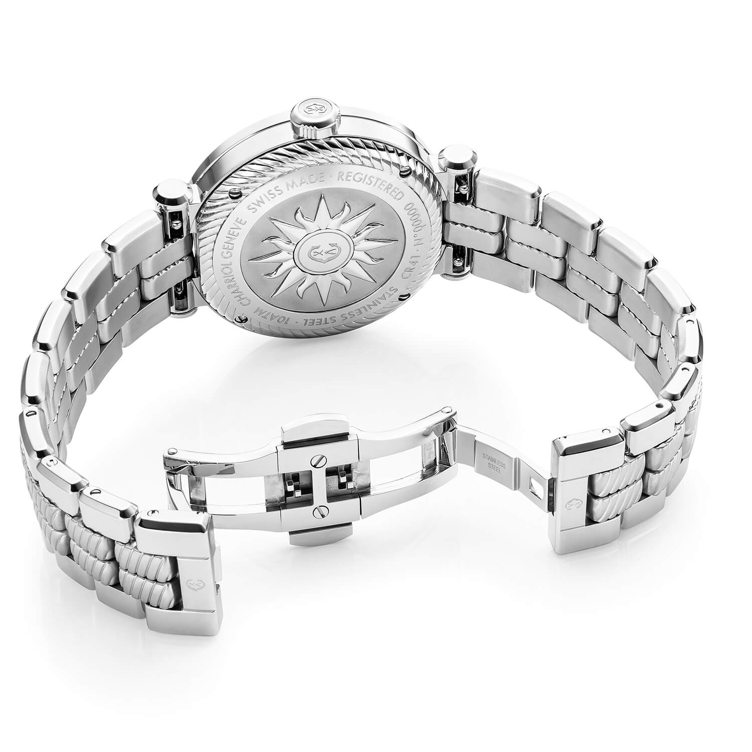 NAVIGATOR CRUISE、41mm、自動巻きキャリバー、マットホワイトのセンターサン・サークル・ダイヤルに11個のブルーローマ数字、スティール製CHARRIOL CHARRIOL」ベゼル2本留め、メタル製インターチェンジャブル・ブレスレット - © 2024Charriol - 時計