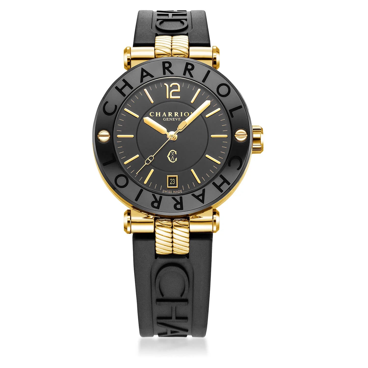 NAVIGATOR CRUISE41mm、クォーツ、ブラック&イエロー2アラビア&9インデックスダイアル、ブラックPVDスティール製"CHARRIOL CHARRIOL "、2本のスクリューベゼル、ブラックのラバー製インターチェンジャー付きブレスレット - © 2024Charriol - 時計