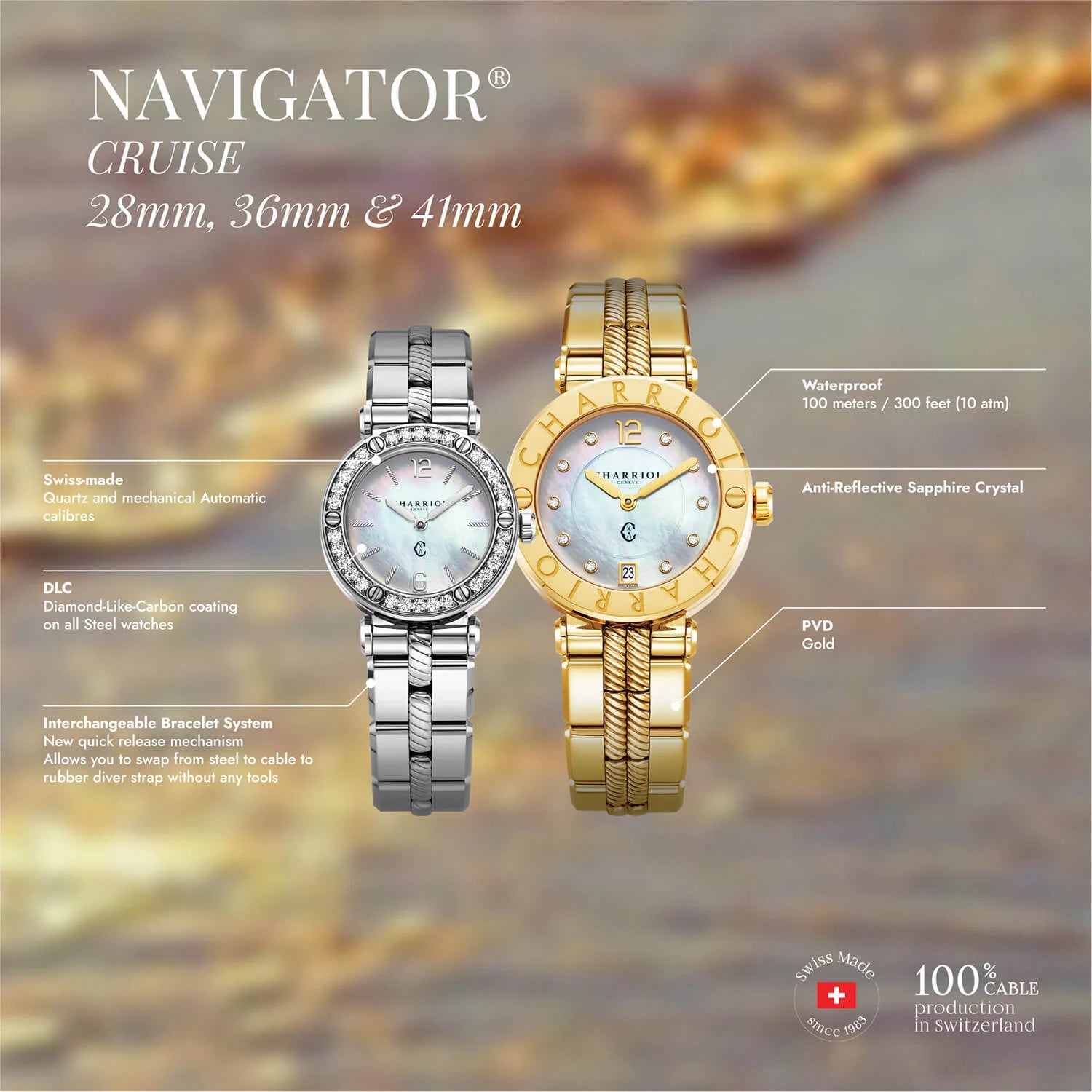 NAVIGATOR CRUISE28MM, マザーオブパール、12個のダイヤモンドをあしらった文字盤、30個のダイヤモンドのベゼル、スティール製インターチェンジャーブレスレット -Charriol ジュネーブ - 時計