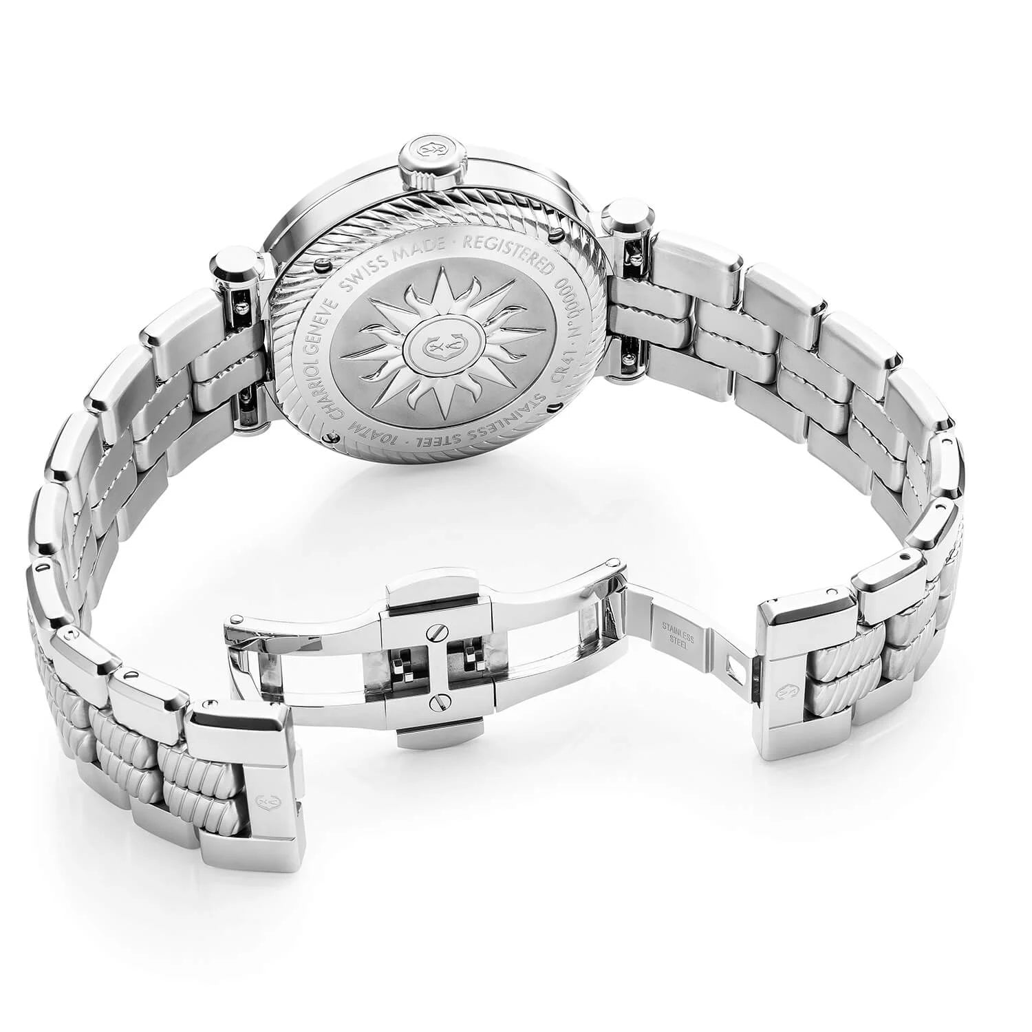 NAVIGATOR CRUISE41MM, クォーツキャリバー, ホワイト マザーオブパール×12ローマ数字ダイアル, スチール"CHARRIOL CHARRIOL "ベゼルに2本のネジ, メタル製インターチェンジャブル・ブレスレット - © 2024Charriol - 時計