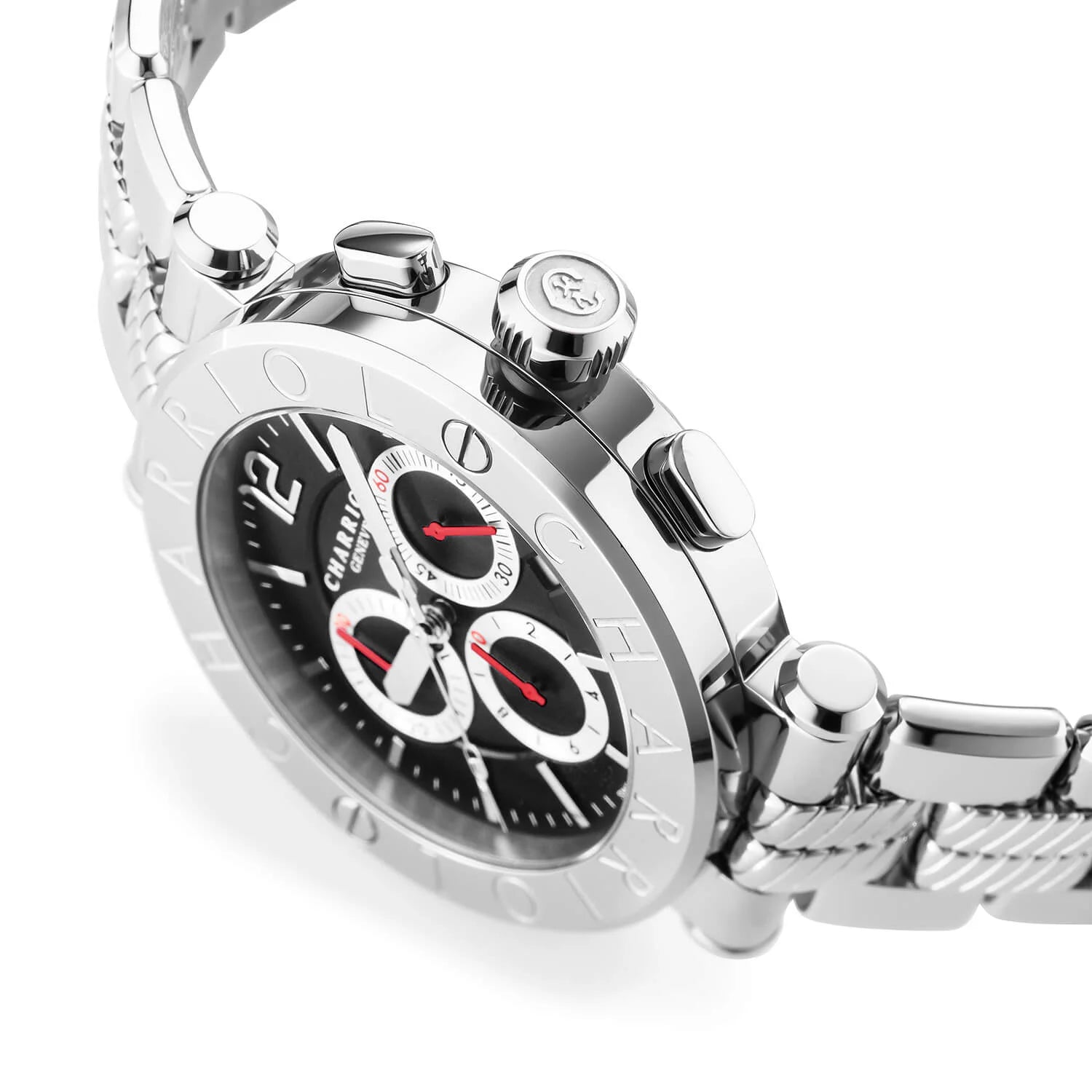 NAVIGATOR CRUISE41mm、クォーツ自社製クロノグラフレーム、ブラック、3つのロジウムミラーとインデックスダイアル、スティール "CHARRIOL CHARRIOL " に2本のスクリューベゼル、メタル製インターチェンジャーブレスレット - © 2024Charriol - 時計