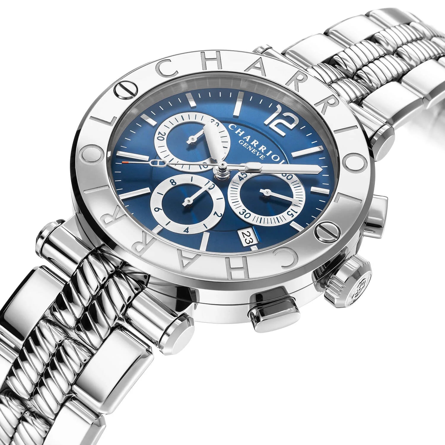 NAVIGATOR CRUISE41mm、クォーツクロノグラフ・キャリバー、ブルー、3つのロジウムミラーとインデックスダイアル、スティール製 "CHARRIOL CHARRIOL " と2つのスクリューベゼル、スティール製ブレスレット - © 2024Charriol - 時計