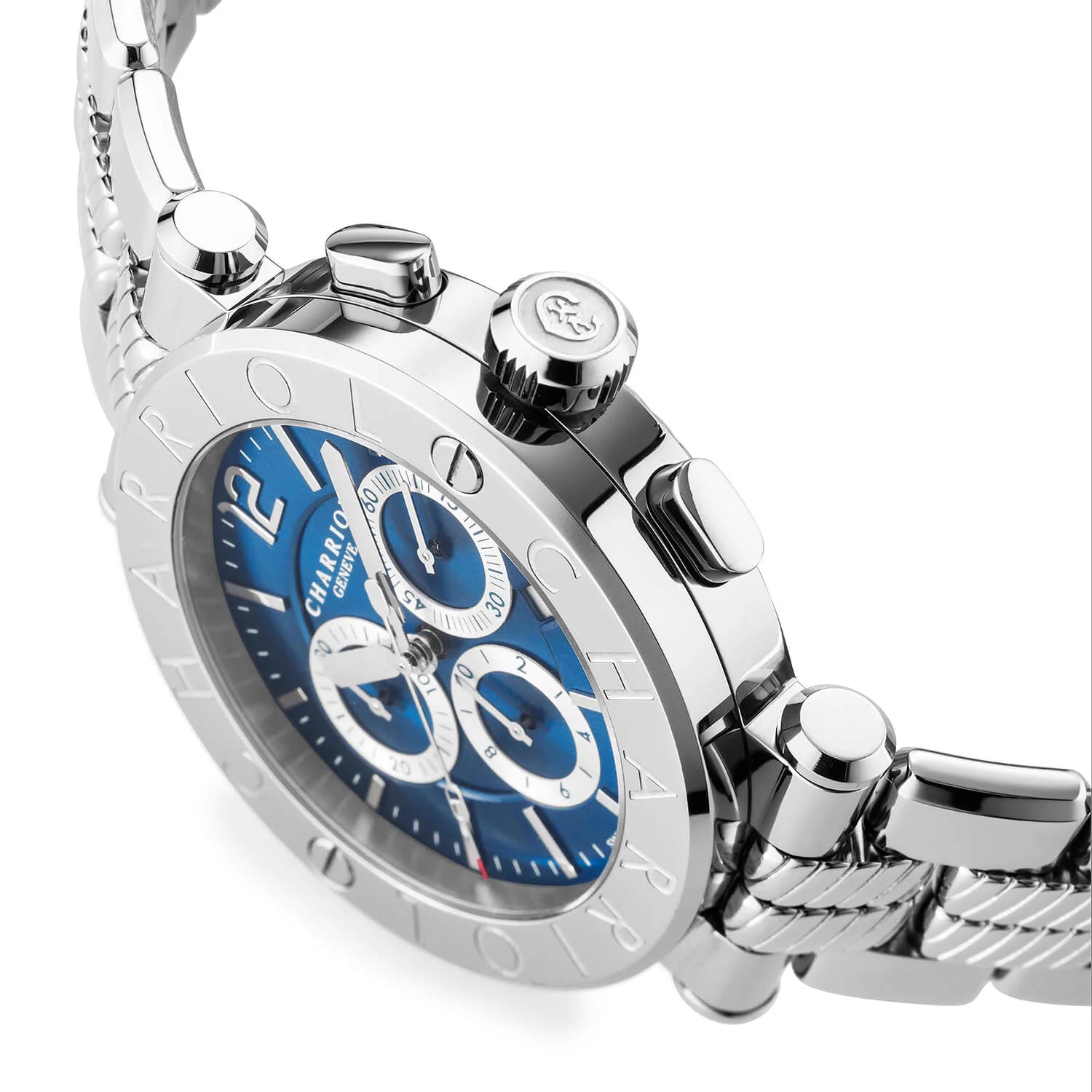 NAVIGATOR CRUISE41mm、クォーツクロノグラフ・キャリバー、ブルー、3つのロジウムミラーとインデックスダイアル、スティール製 "CHARRIOL CHARRIOL " と2つのスクリューベゼル、スティール製ブレスレット - © 2024Charriol - 時計