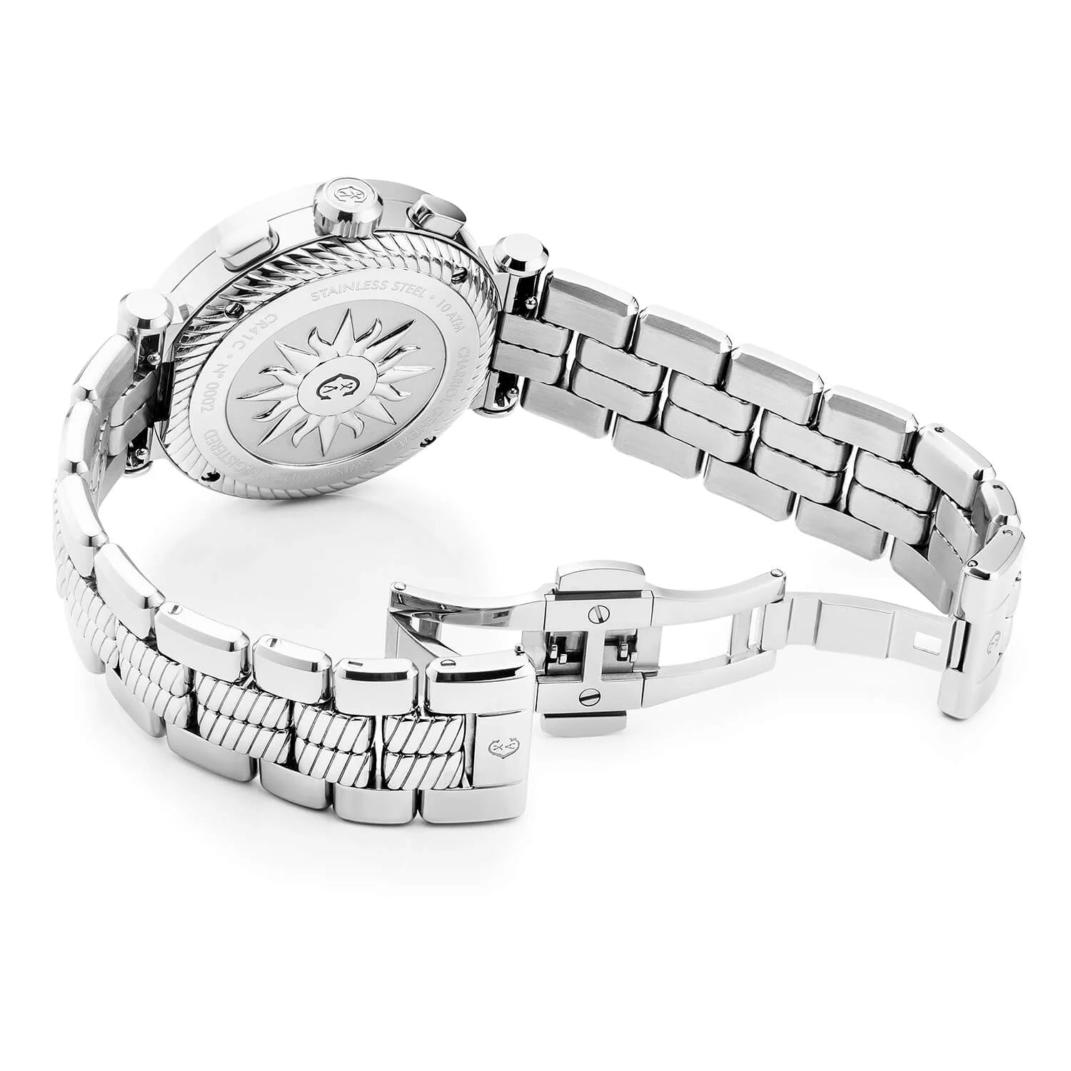 NAVIGATOR CRUISE41mm、クォーツクロノグラフ・キャリバー、ブルー、3つのロジウムミラーとインデックスダイアル、スティール製 "CHARRIOL CHARRIOL " と2つのスクリューベゼル、スティール製ブレスレット - © 2024Charriol - 時計