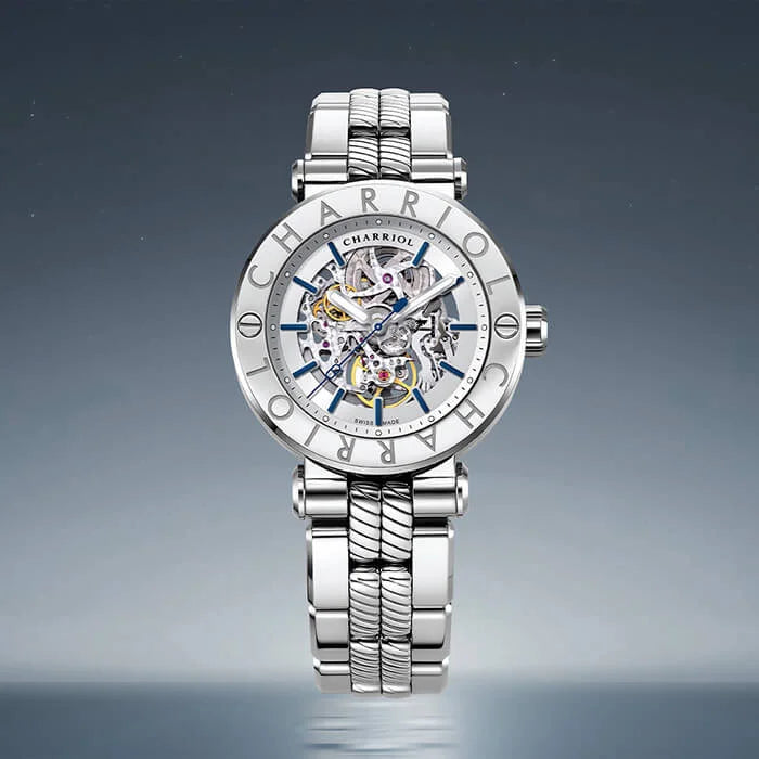 SKELETON, 41MM, CHARRIOL CALIBRE, STEEL "CHARRIOL CHARRIOL" BEZEL, OPEN DIAL WITH 12 FACETED HOUR-MARKER AND SUPER LUMINOVA, METAL INTERCHANGEABLE BRACELET - ©2025 Philippe Charriol International Ltd. - Watch