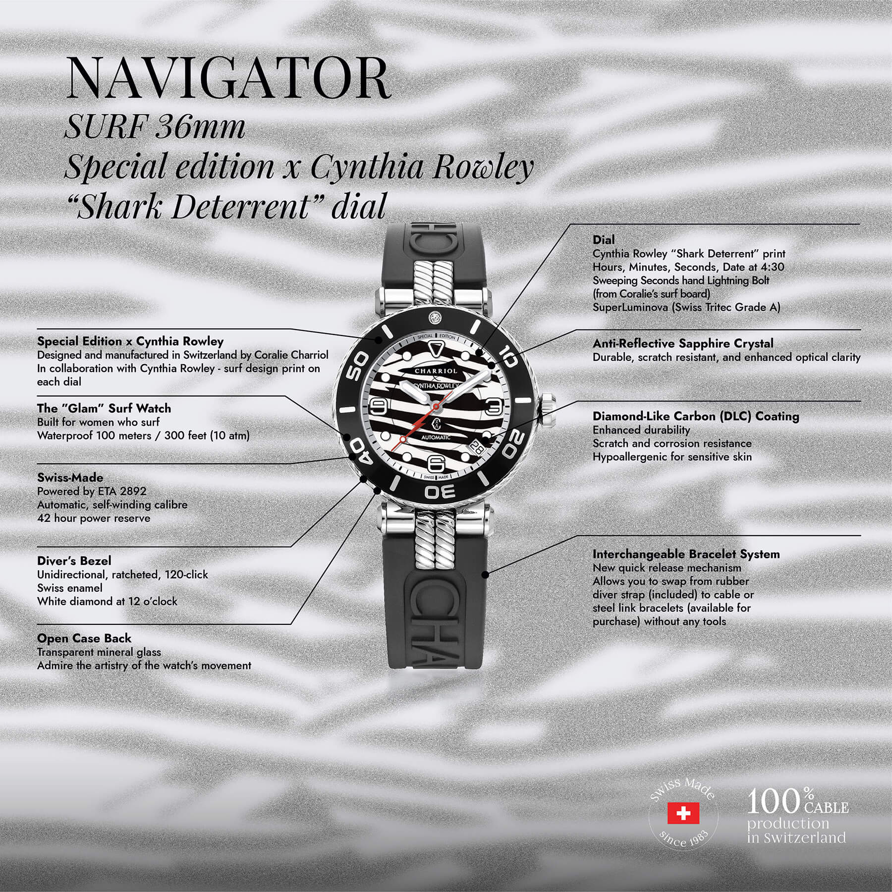 NAVIGATOR SURF、36mm、オートマティックキャリバー、シャークディテール・ダイヤル、ブラックに1個のダイヤモンドベゼル、ブラックのラバー製インターチェンジャー付きブレスレット、スペシャル・エディション X CYNTHIA ROWLEY - © 2024Charriol - 時計