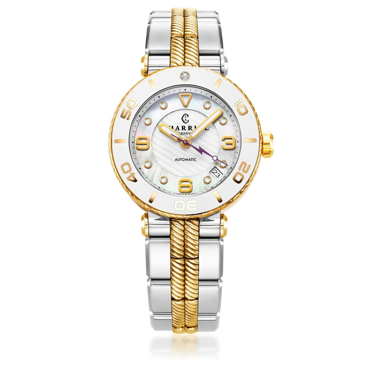 NAVIGATOR サーフ、36MM、オートマティックキャリバー、ホワイトダイアル、ホワイトベゼル、スティール製バイカラーインターチェンジャーブレスレット -Charriol ジュネーブ - 時計