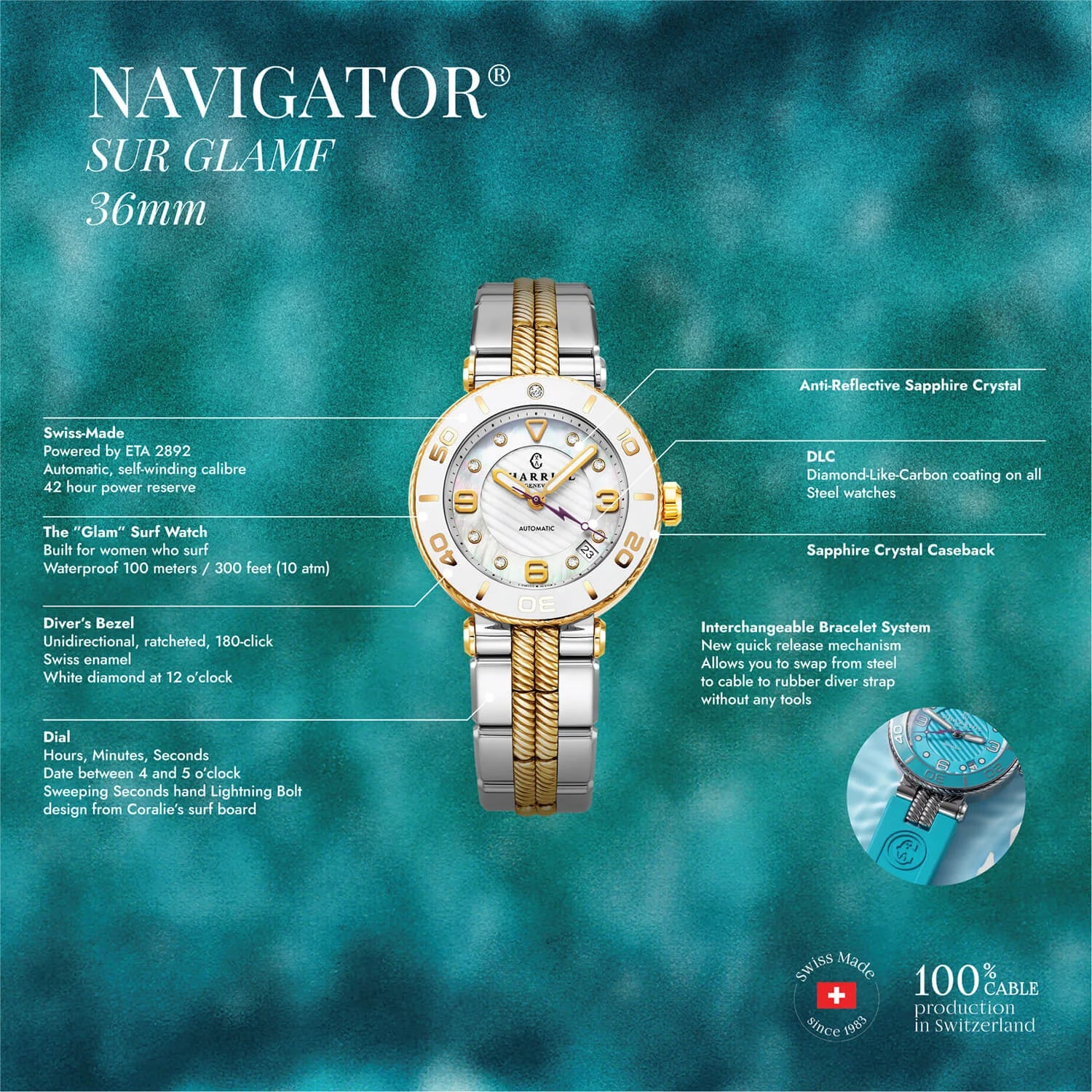 NAVIGATOR サーフ、36MM、オートマティックキャリバー、ホワイトダイアル、ホワイトベゼル、スティール製バイカラーインターチェンジャーブレスレット -Charriol ジュネーブ - 時計