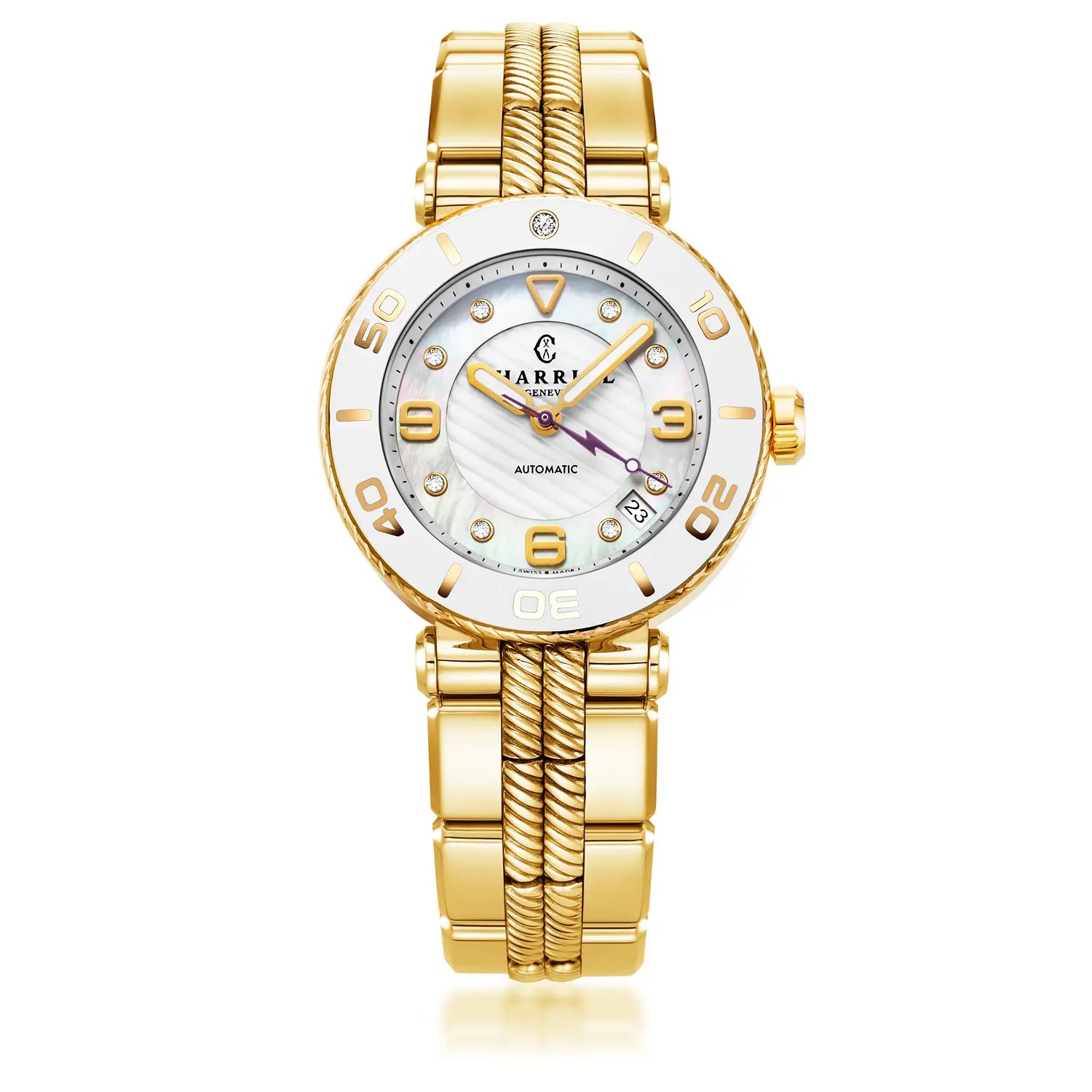 NAVIGATOR サーフ、36MM、オートマティックキャリバー、ホワイトダイアル、ホワイトベゼル、イエローゴールドPVDインターチェンジャーブレスレット -Charriol ジュネーブ - 時計