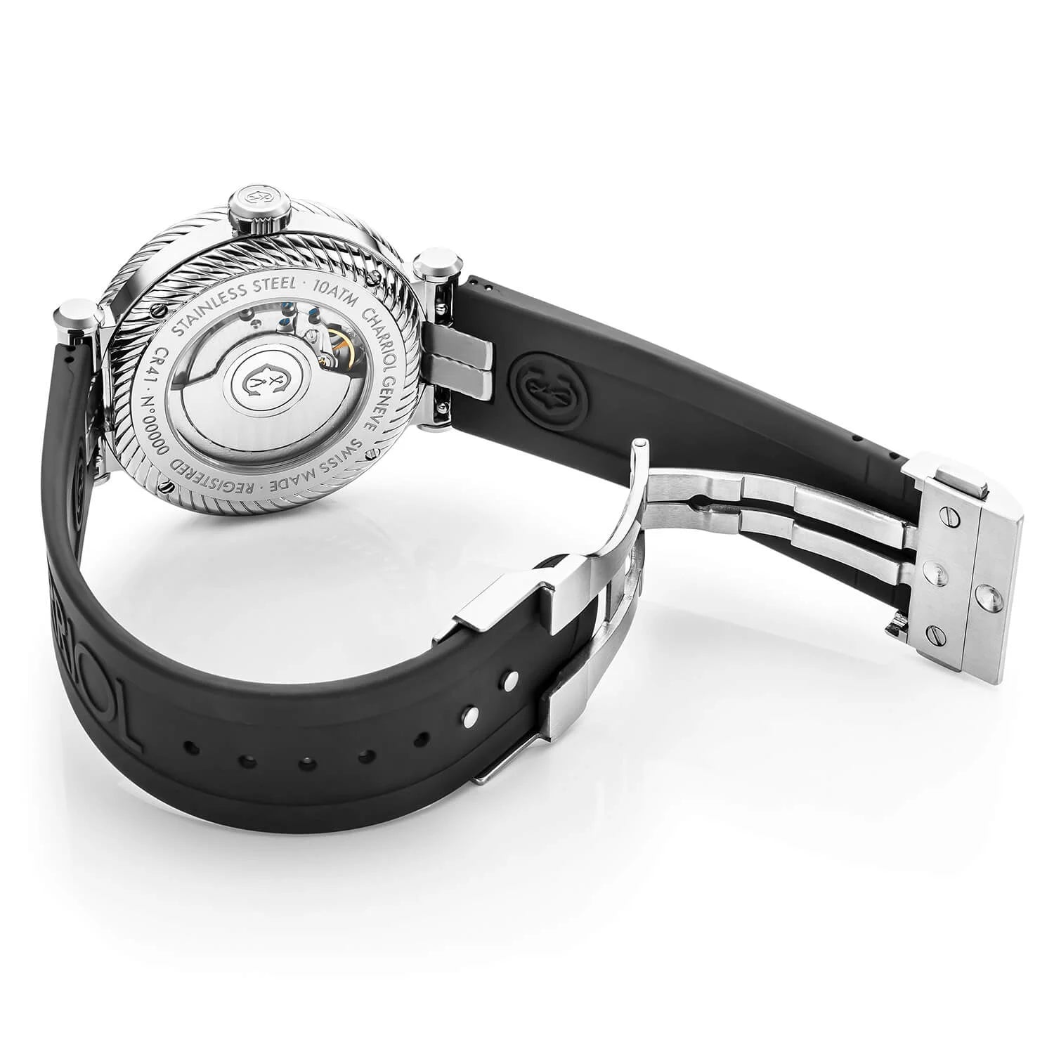 NAVIGATOR サーフ、41MM、オートマティックキャリバー、ブラック/シルバー ルミノーバダイアル、ブラック/シルバー ブレスレット、ブラックラバー ブレスレット - © 2024Charriol - 時計