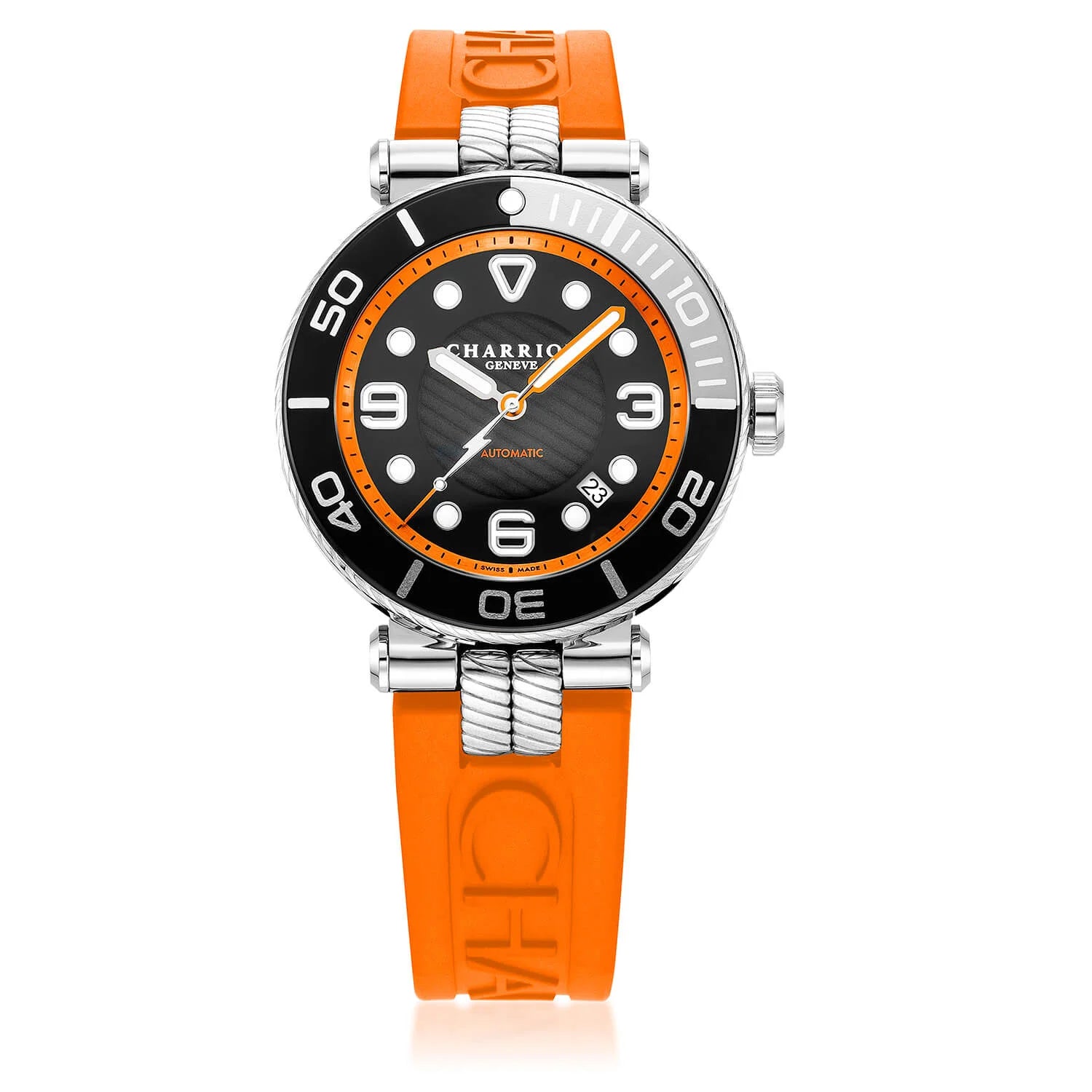 NAVIGATOR サーフ、41MM、オートマティックキャリバー、ブラックのルミノーバ文字盤、ブラック&シルバーのベゼル、オレンジのラバー製インターチェンジャー付きブレスレット - © 2024Charriol - 時計