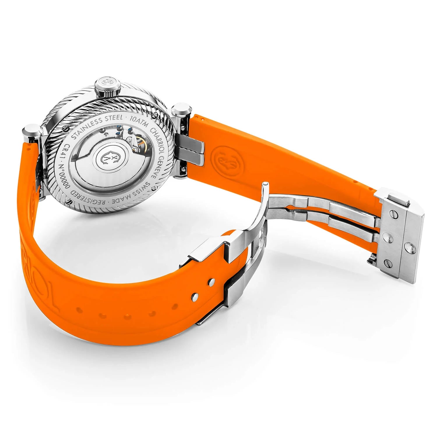NAVIGATOR サーフ、41MM、オートマティックキャリバー、ブラックのルミノーバ文字盤、ブラック&シルバーのベゼル、オレンジのラバー製インターチェンジャー付きブレスレット - © 2024Charriol - 時計