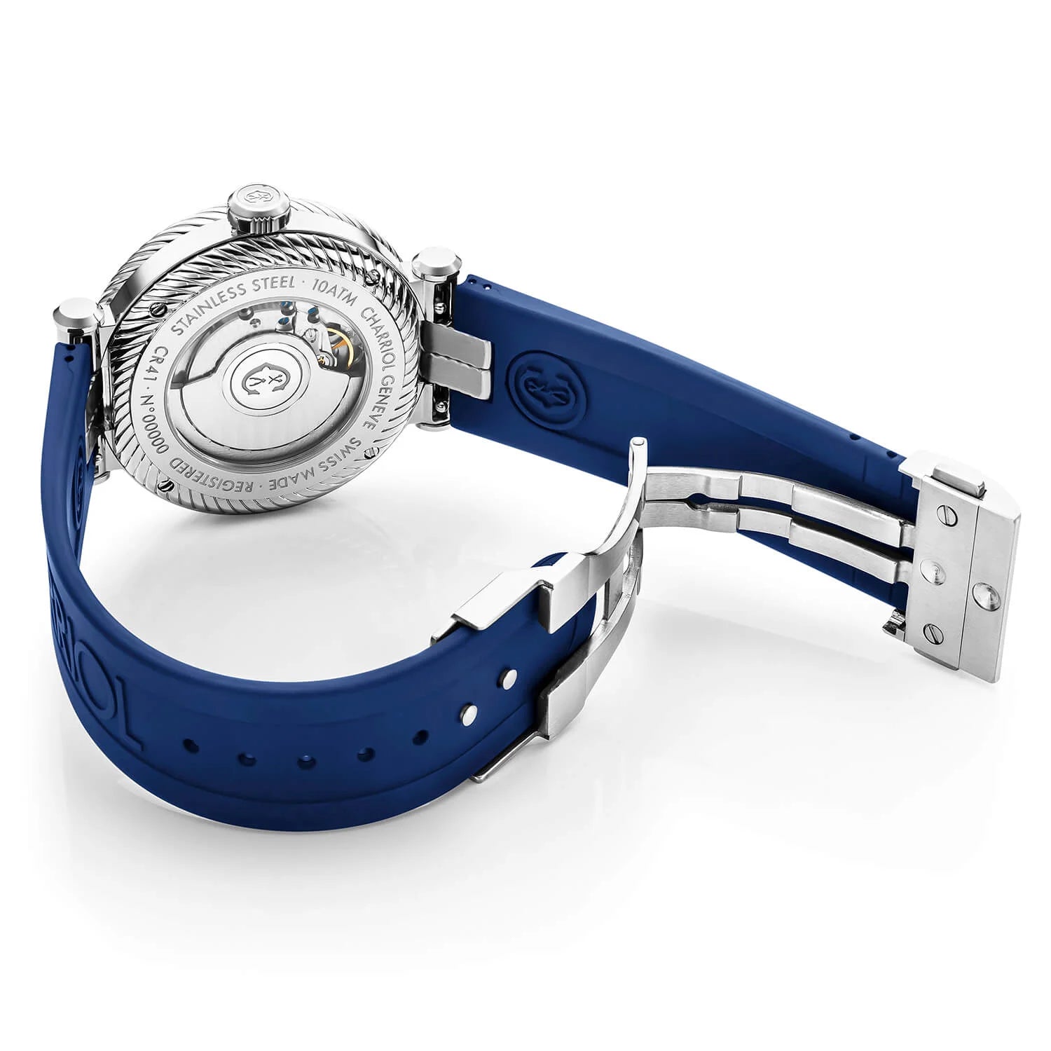 NAVIGATOR サーフ、41MM、オートマティックキャリバー、ブラックのルミノーバ文字盤、ブルーとシルバーのベゼル、ブルーのラバー製インターチェンジャー・ブレスレット - © 2024Charriol - 時計