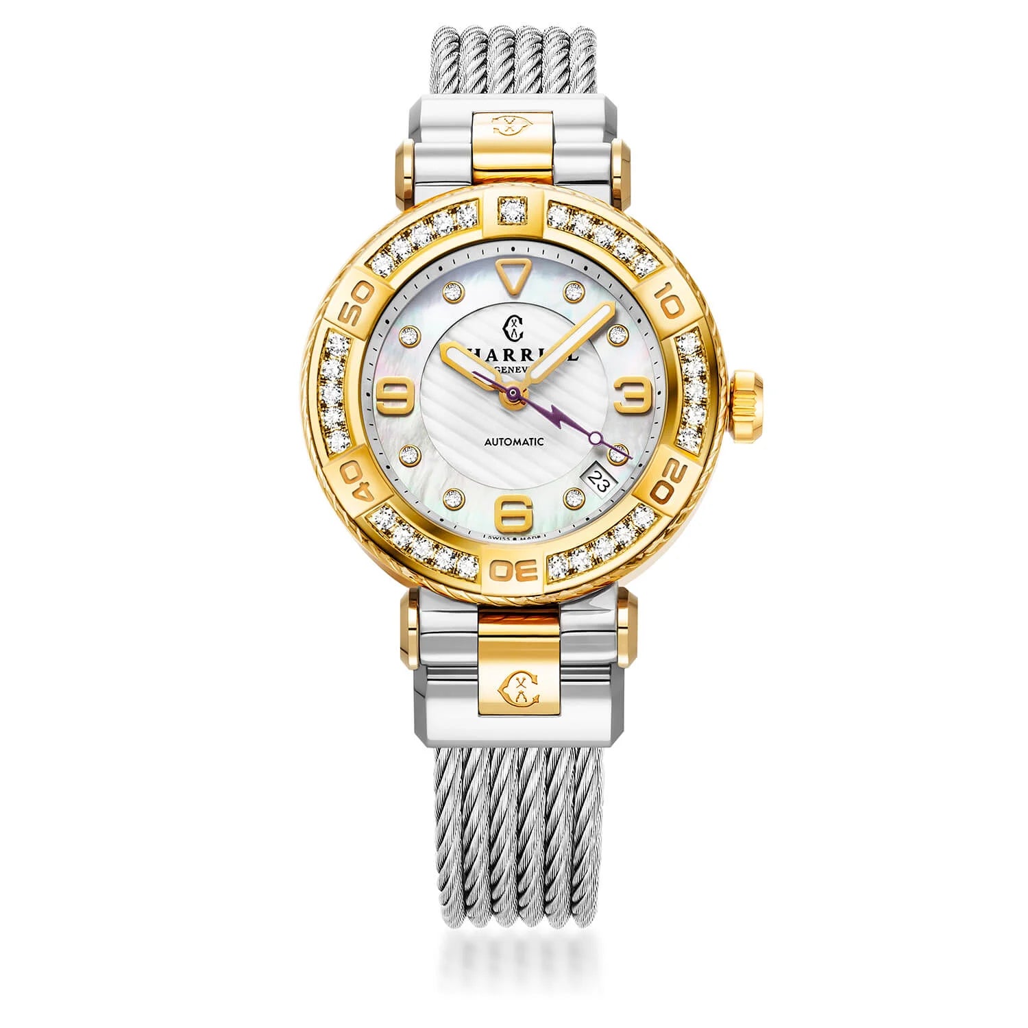 NAVIGATOR SURF GLAM, 36MM, AUTOMATIC CALIBRE, STEEL YELLOW GOLD PVD WITH 31 DIAMONDS BEZEL, WHITE MOTHER-OF-PEARL WITH ARABIC INDEX, STEEL CABLE INTERCHANGEABLE BRACELET - ©2025 Philippe Charriol International Ltd. - Watch