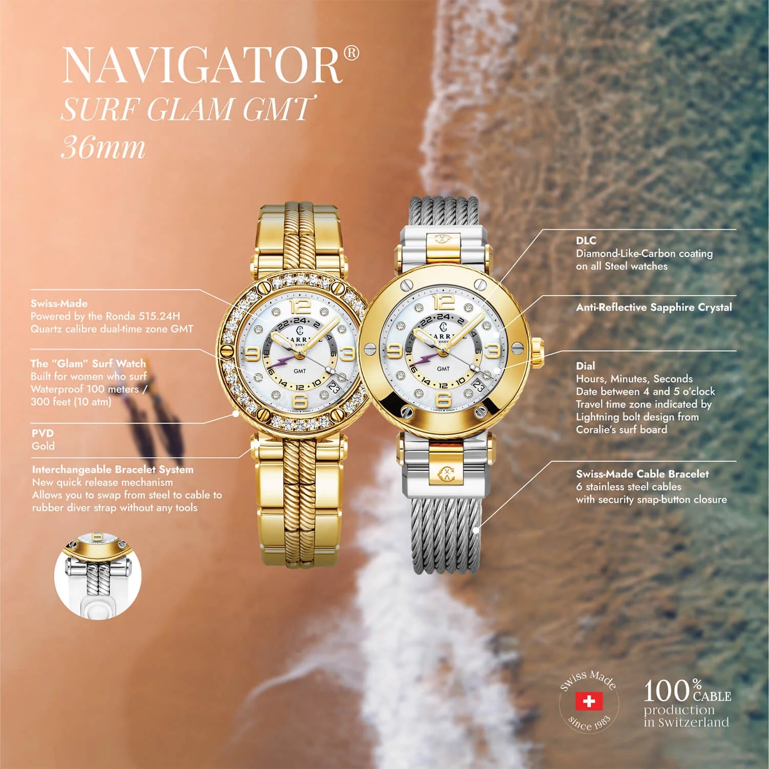 NAVIGATOR サーフ GMT、36MM、クォーツ GMT キャリバー、ホワイトダイアル、30個のダイヤモンドのベゼル、イエローゴールド PVD インターチェンジャー ブレスレット -Charriol ジュネーブ - 時計