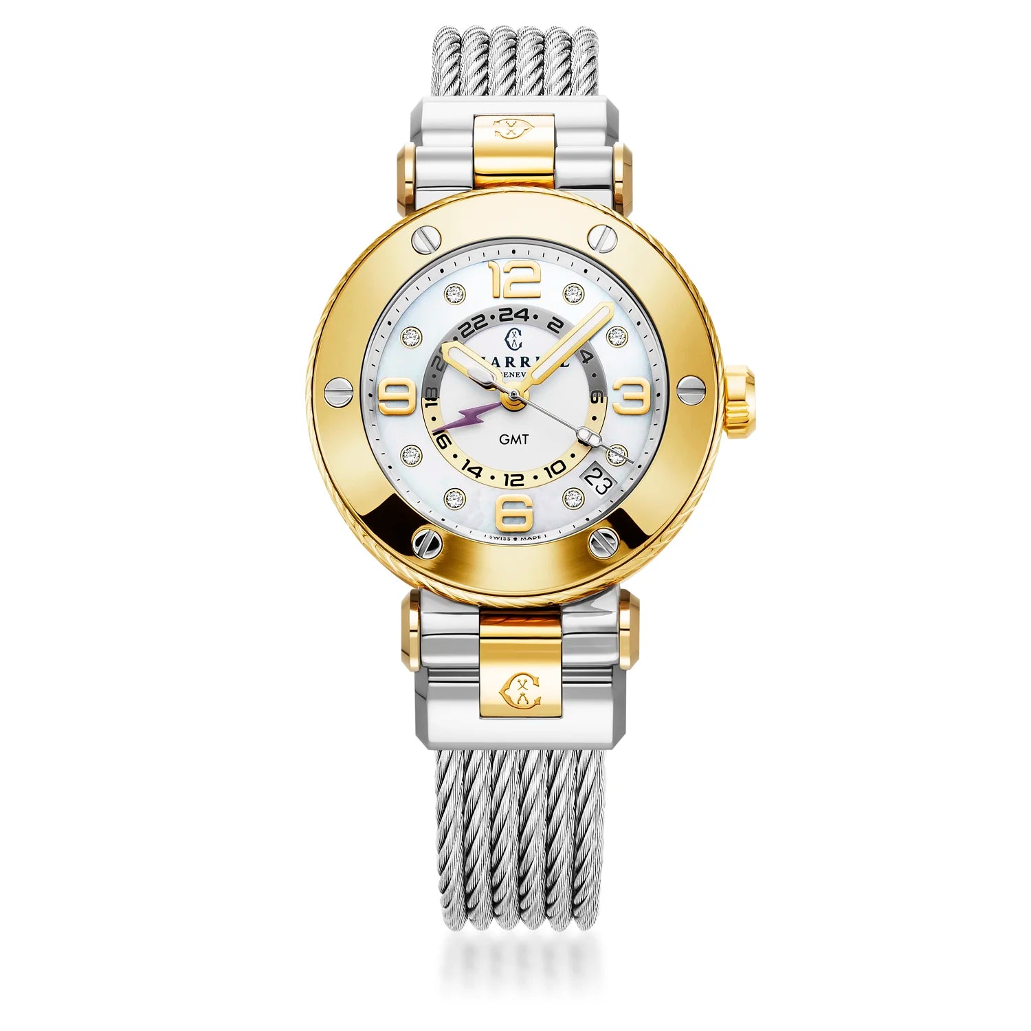 NAVIGATOR サーフ GMT、36MM、クォーツ GMT キャリバー、ホワイトダイアル、6ピンベゼル、スティール製ケーブル交換式ブレスレット -Charriol ジュネーブ - 時計