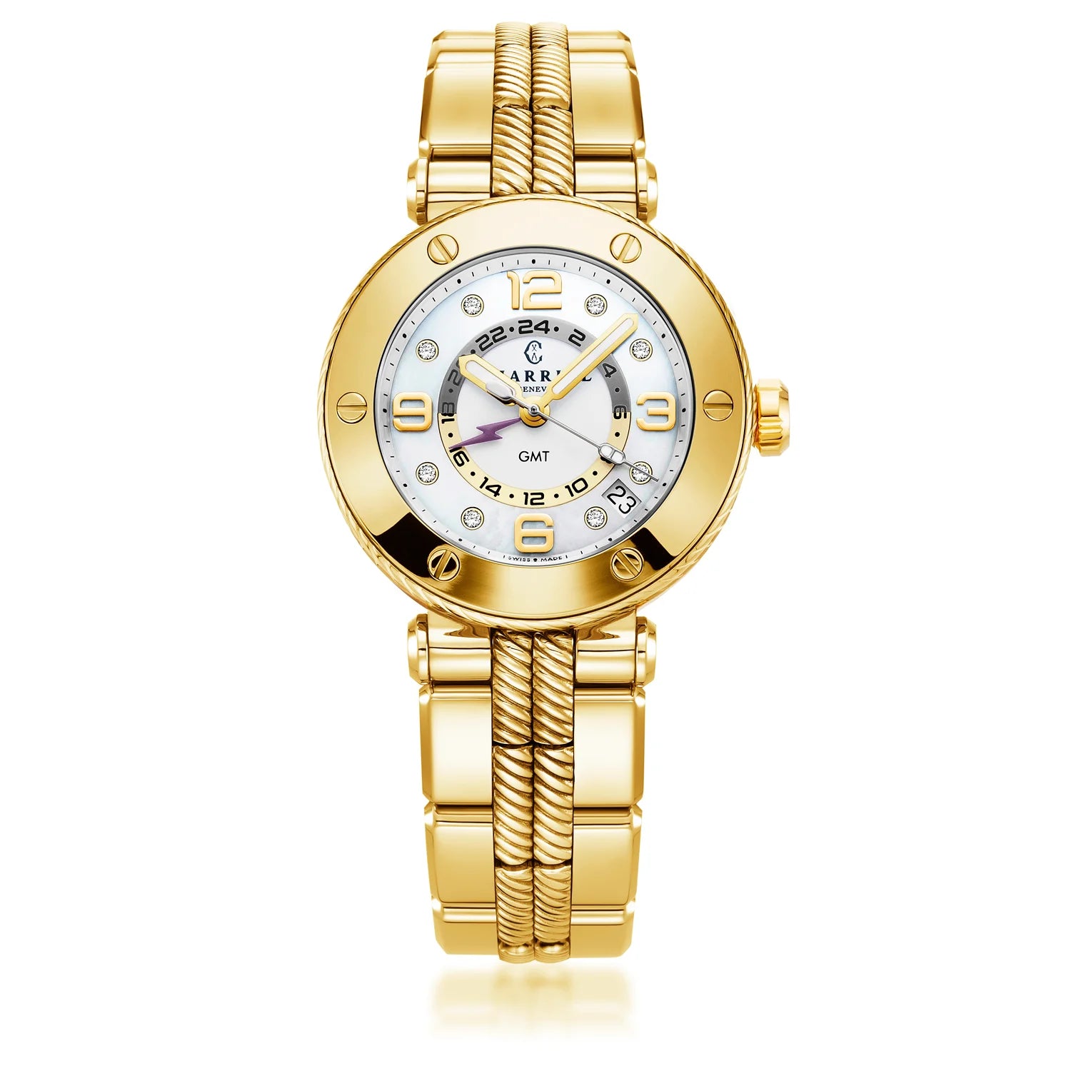 NAVIGATOR SURF GMT、36MM、クォーツ GMT キャリバー、ホワイトダイアル、6本スクリューベゼル、スティール製イエローゴールド PVD インターチェンジャーブレスレット -Charriol ジュネーブ - 時計