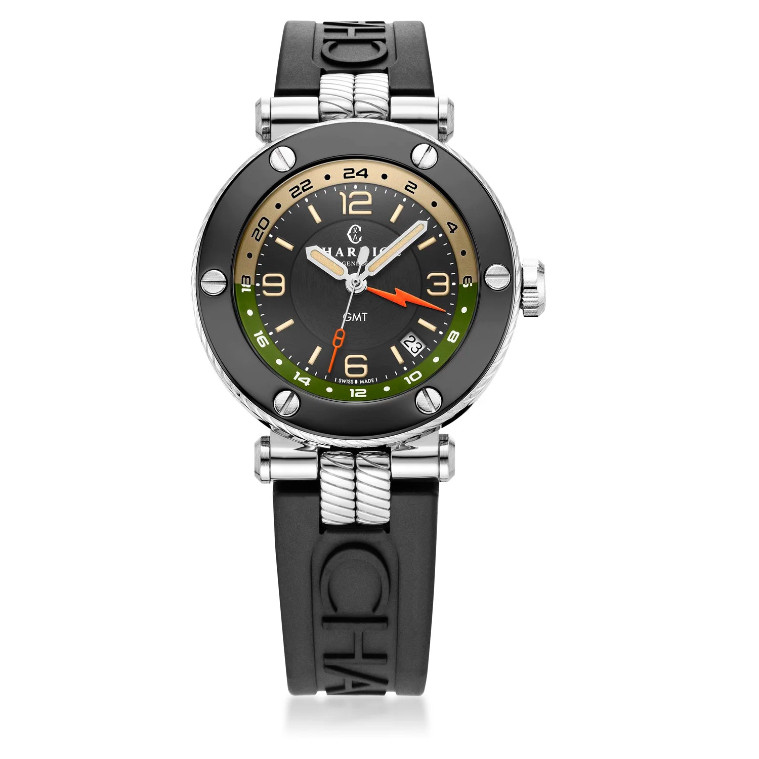 NAVIGATOR サーフ GMT、41MM、自動巻きキャリバー、ブラックの文字盤、6本のスクリューのベゼル、ブラックのラバー製インターチェンジャー付きブレスレット、限定版 x @time_mechanic -Charriol ジュネーブ - 時計