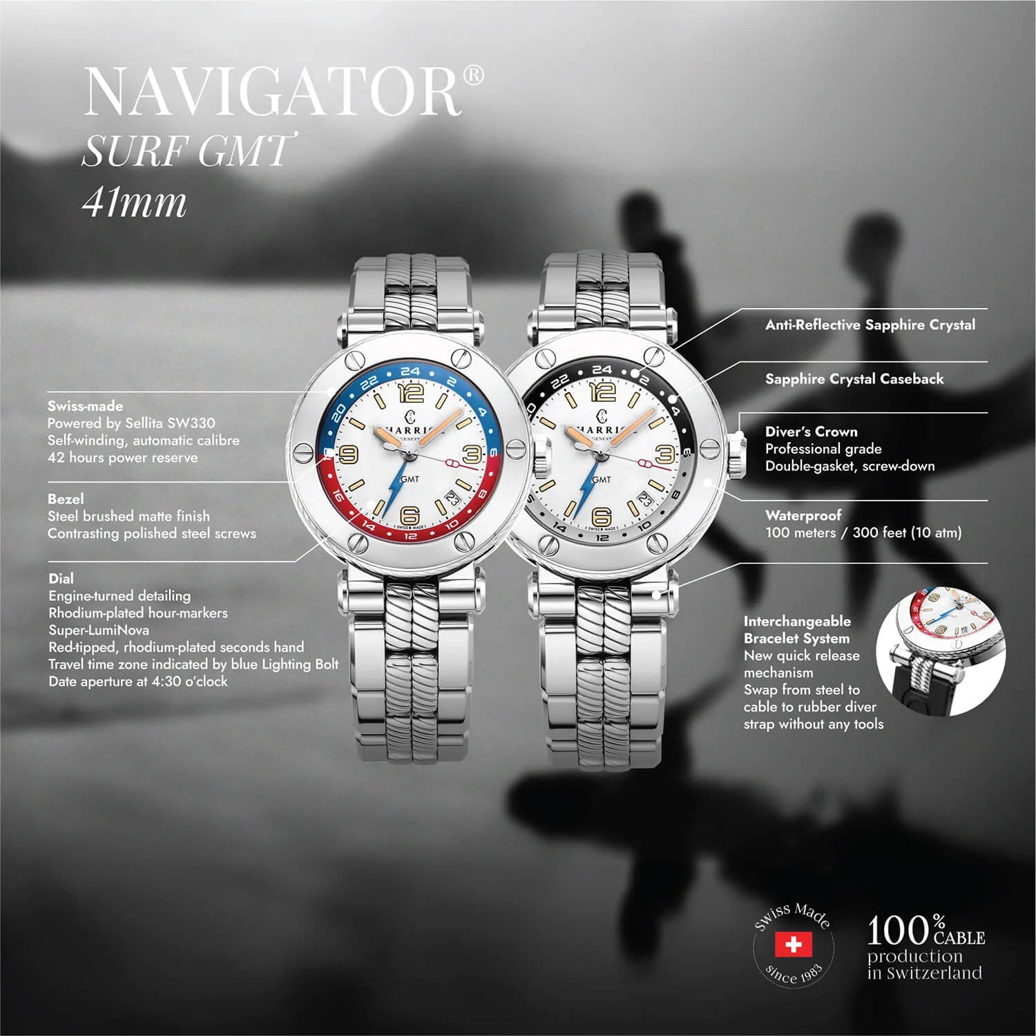 NAVIGATOR サーフ GMT、41MM、オートマティックキャリバー、ホワイトダイアル、6ピンベゼル、スティール製ブレスレット -Charriol ジュネーブ - 時計