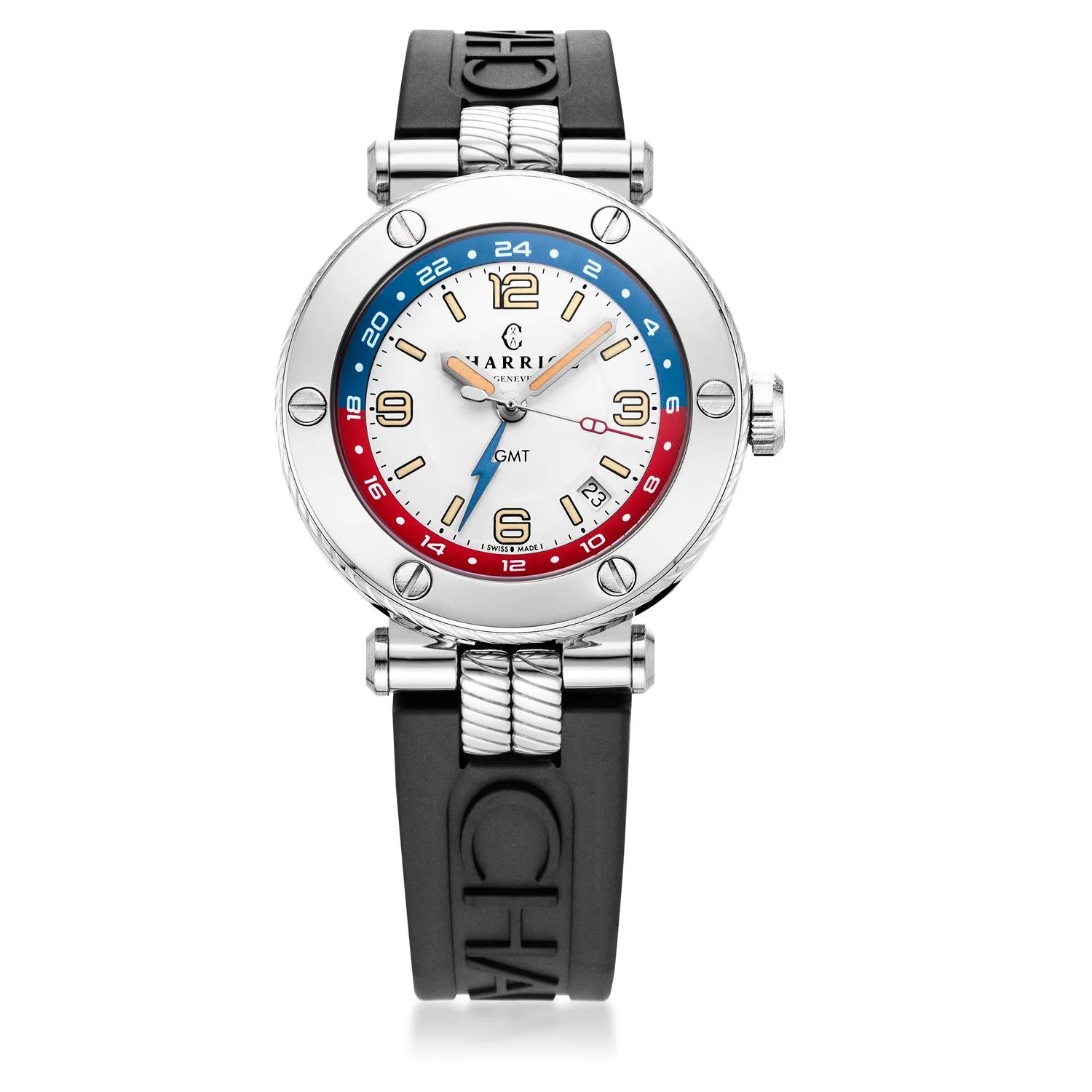 NAVIGATOR サーフ GMT、41MM、オートマティックキャリバー、ホワイトダイアル、6ピンベゼル、ブラックのラバー製インターチェンジャブル・ストラップ -Charriol ジュネーブ - 時計