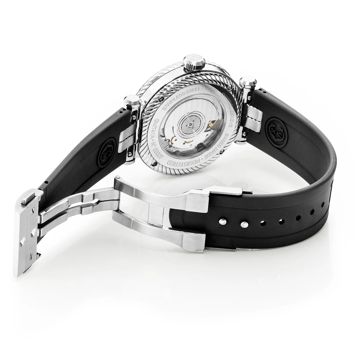 NAVIGATOR サーフ GMT、41MM、オートマティックキャリバー、ホワイトダイアル、6ピンベゼル、ブラックのラバー製インターチェンジャブル・ストラップ -Charriol ジュネーブ - 時計