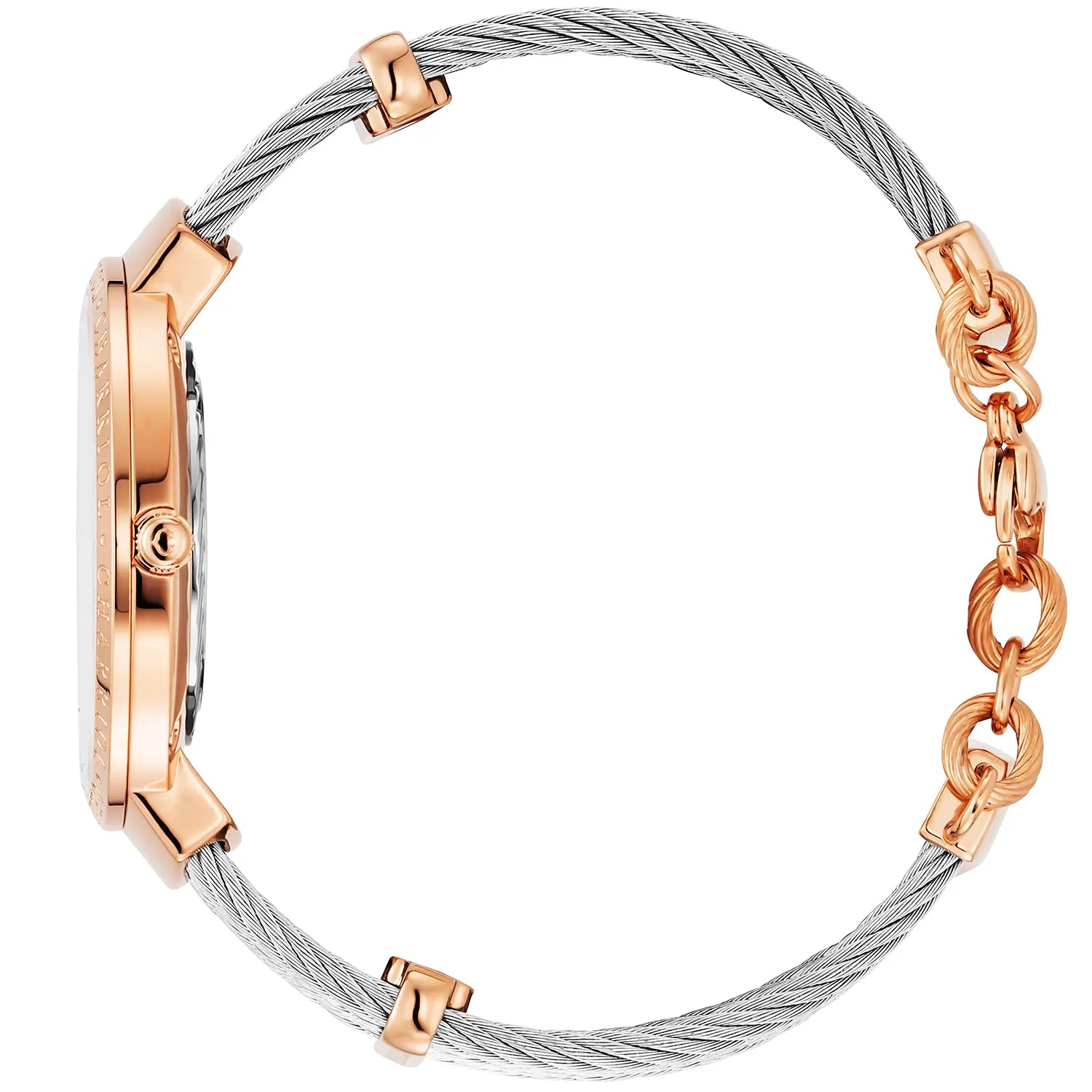 スリム、34mm、クォーツキャリバー、マザーオブパール、12個のダイヤモンドをあしらった文字盤、"CHARRIOL CHARRIOL " ベゼル、スティール製ケーブルブレスレット -Charriol ジュネーブ - 時計