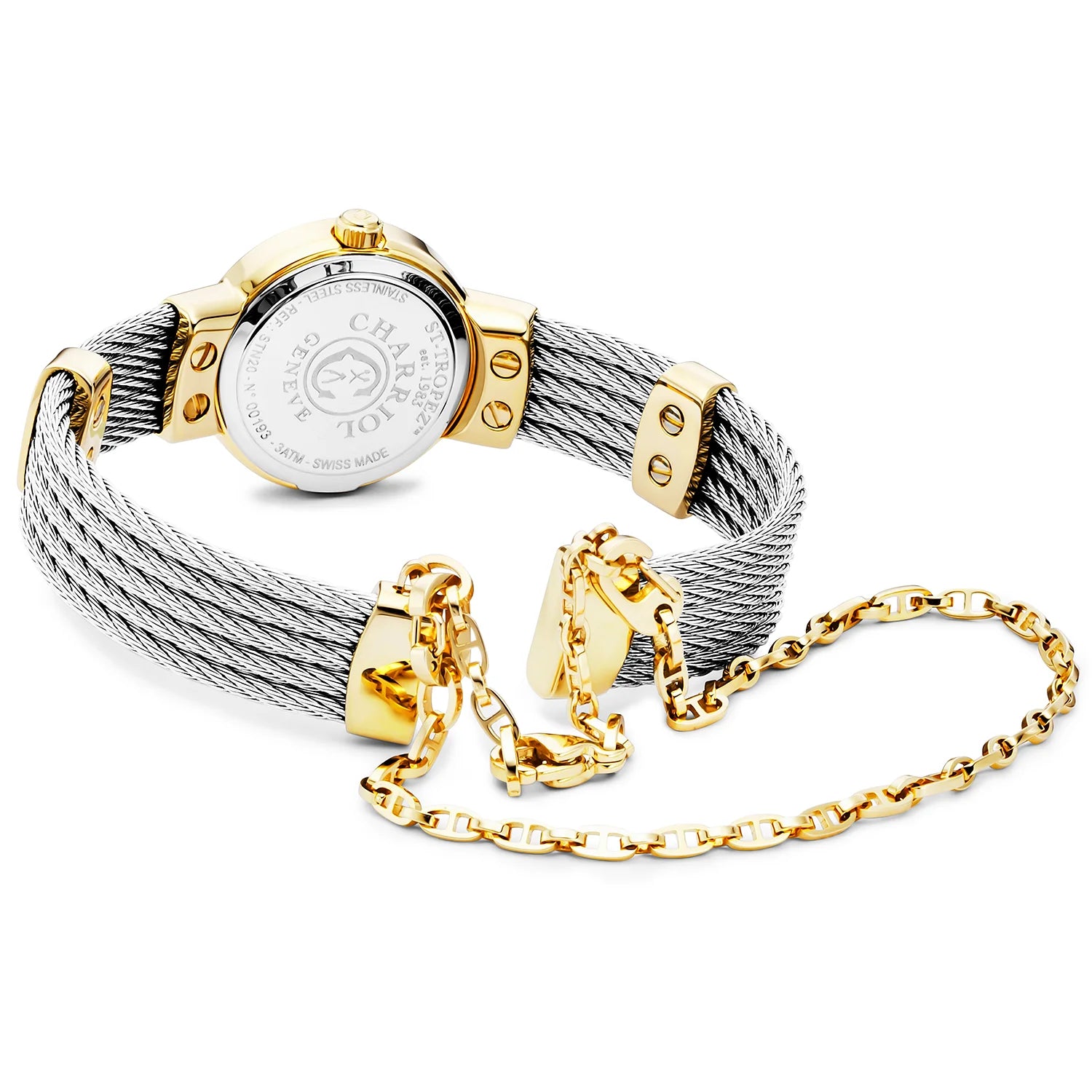 ST TROPEZ20mm、クォーツキャリバー、ホワイトマザー・オブ・パール&11個のダイヤモンドダイヤル、イエローゴールドPVDスティール製ベゼル、スティール製ケーブルブレスレット -Charriol ジュネーブ - 時計