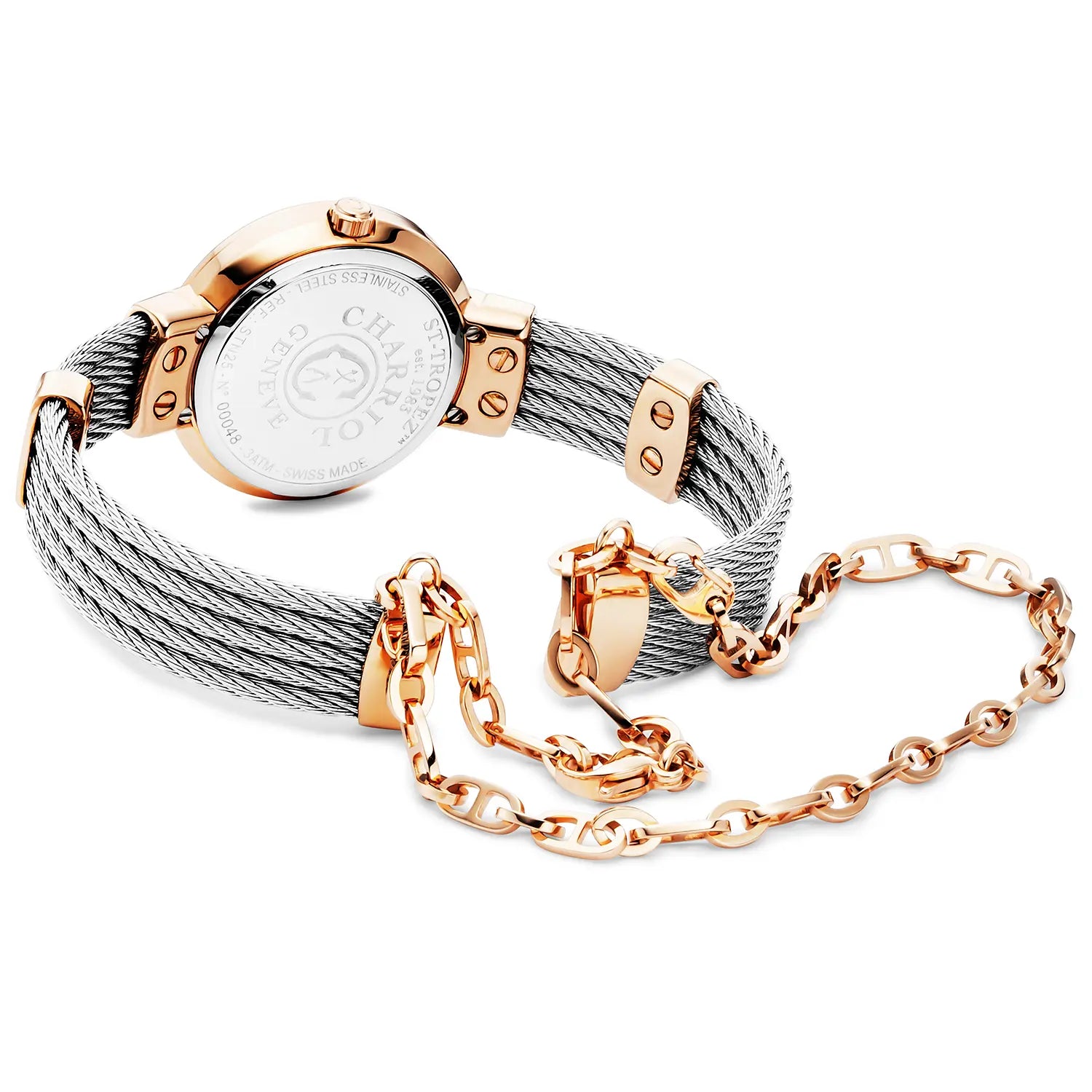 ST TROPEZ, 25MM, QUARTZ CALIBRE, MOTHER-OF-PEARL WITH 11 DIAMONDS DIAL, ROSE GOLD PVD BEZEL, STEEL CABLE BRACELET - Charriol Geneve - Watch
