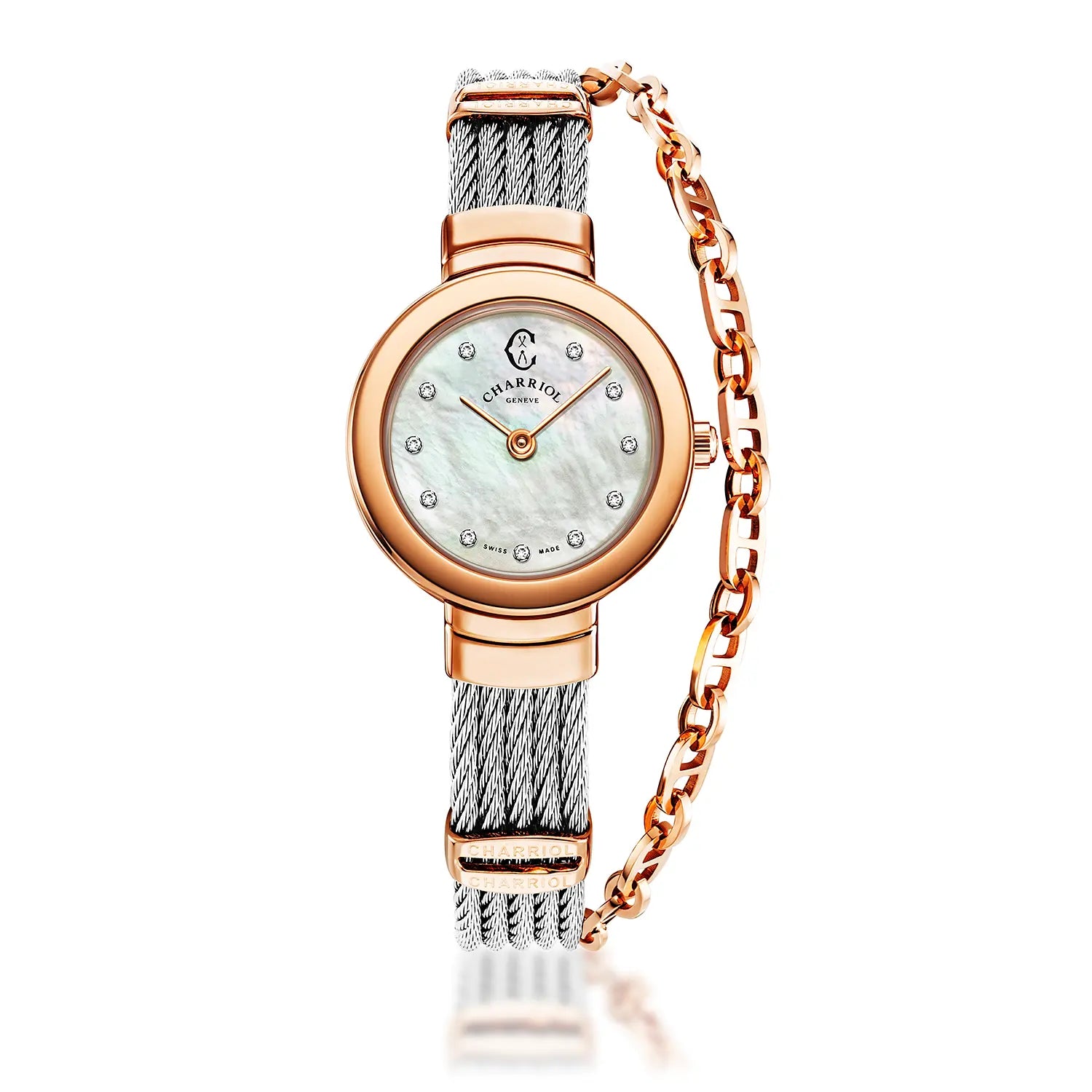 ST TROPEZ, 25MM, QUARTZ CALIBRE, MOTHER-OF-PEARL WITH 11 DIAMONDS DIAL, ROSE GOLD PVD BEZEL, STEEL CABLE BRACELET - Charriol Geneve - Watch