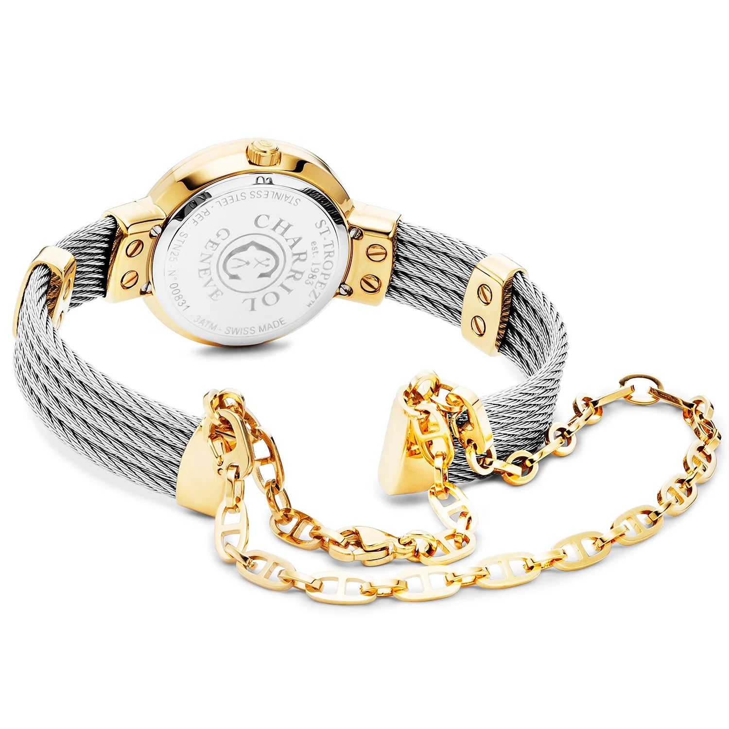 ST TROPEZ, 25MM, QUARTZ CALIBRE, MOTHER-OF-PEARL WITH 2 DIAMONDS DIAL, MOTHER-OF-PEARL BEZEL, STEEL CABLE BRACELET - Charriol Geneve - Watch