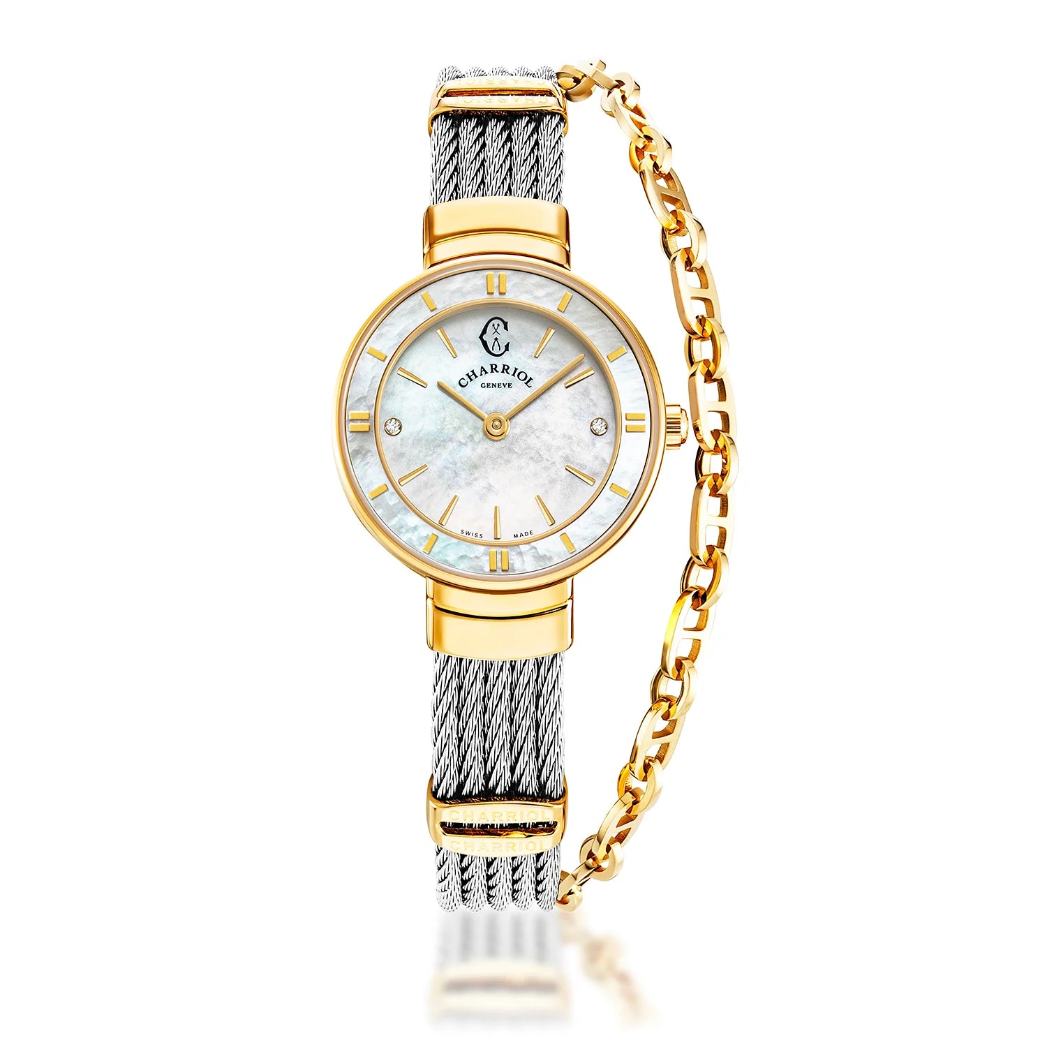 ST TROPEZ, 25MM, QUARTZ CALIBRE, MOTHER-OF-PEARL WITH 2 DIAMONDS DIAL, MOTHER-OF-PEARL BEZEL, STEEL CABLE BRACELET - Charriol Geneve - Watch