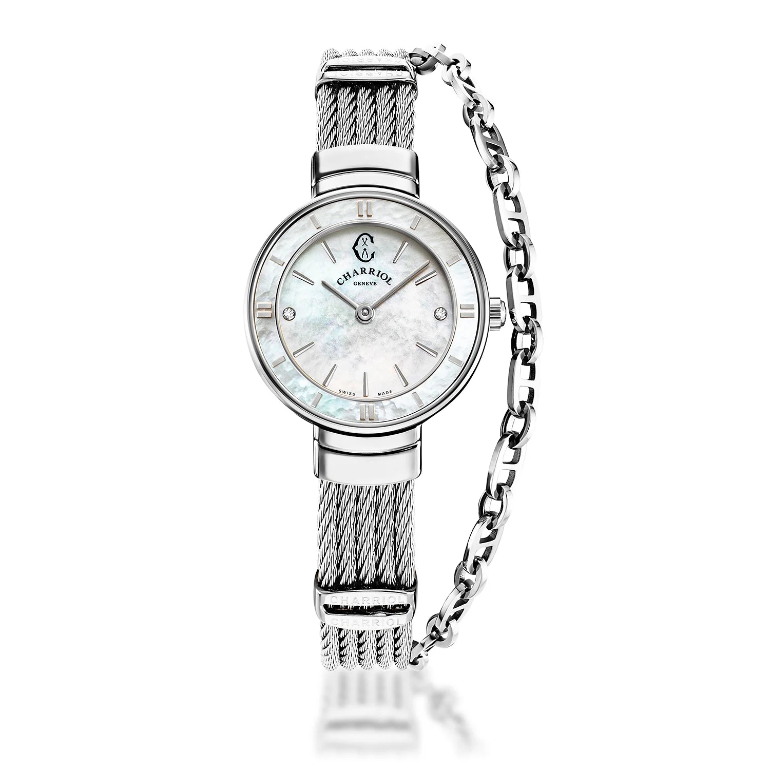 ST TROPEZ, 25MM, QUARTZ CALIBRE, MOTHER-OF-PEARL WITH 2 DIAMONDS DIAL, MOTHER-OF-PEARL BEZEL, STEEL CABLE BRACELET - Charriol Geneve - Watch