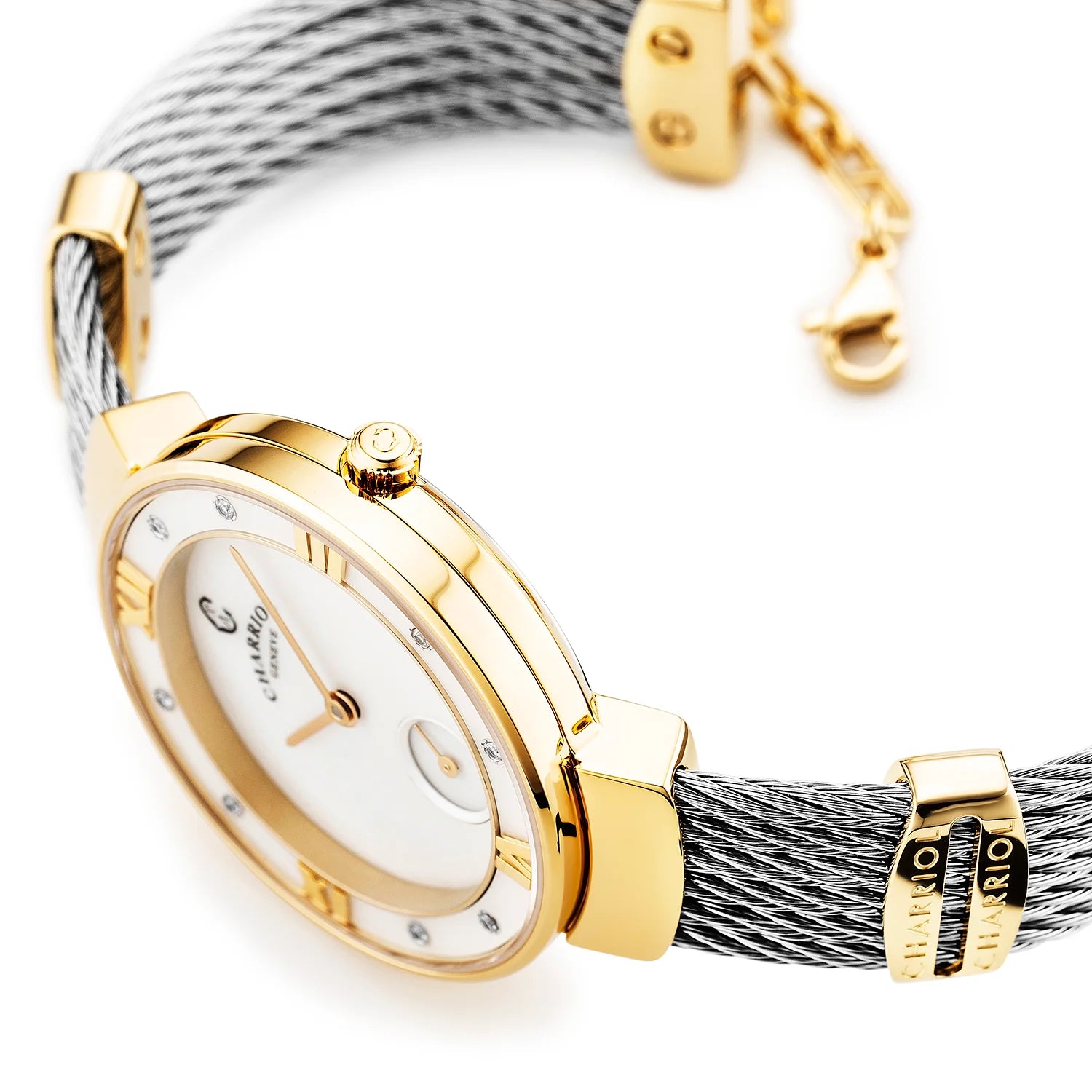 ST TROPEZ30MM, クォーツキャリバー, 真珠母貝ダイアル, 真珠母貝と8個のダイヤモンドベゼル, ブレスレット スチール -Charriol ジュネーブ - 時計